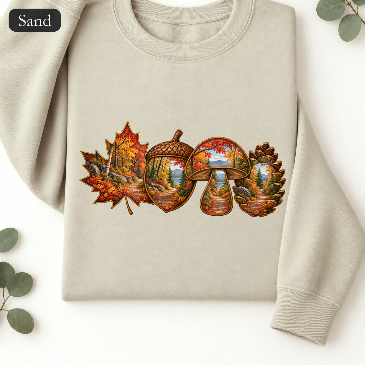 Autumn Lake Scene on Maple Leaves Sweatshirt | Fall Landscape Crewneck