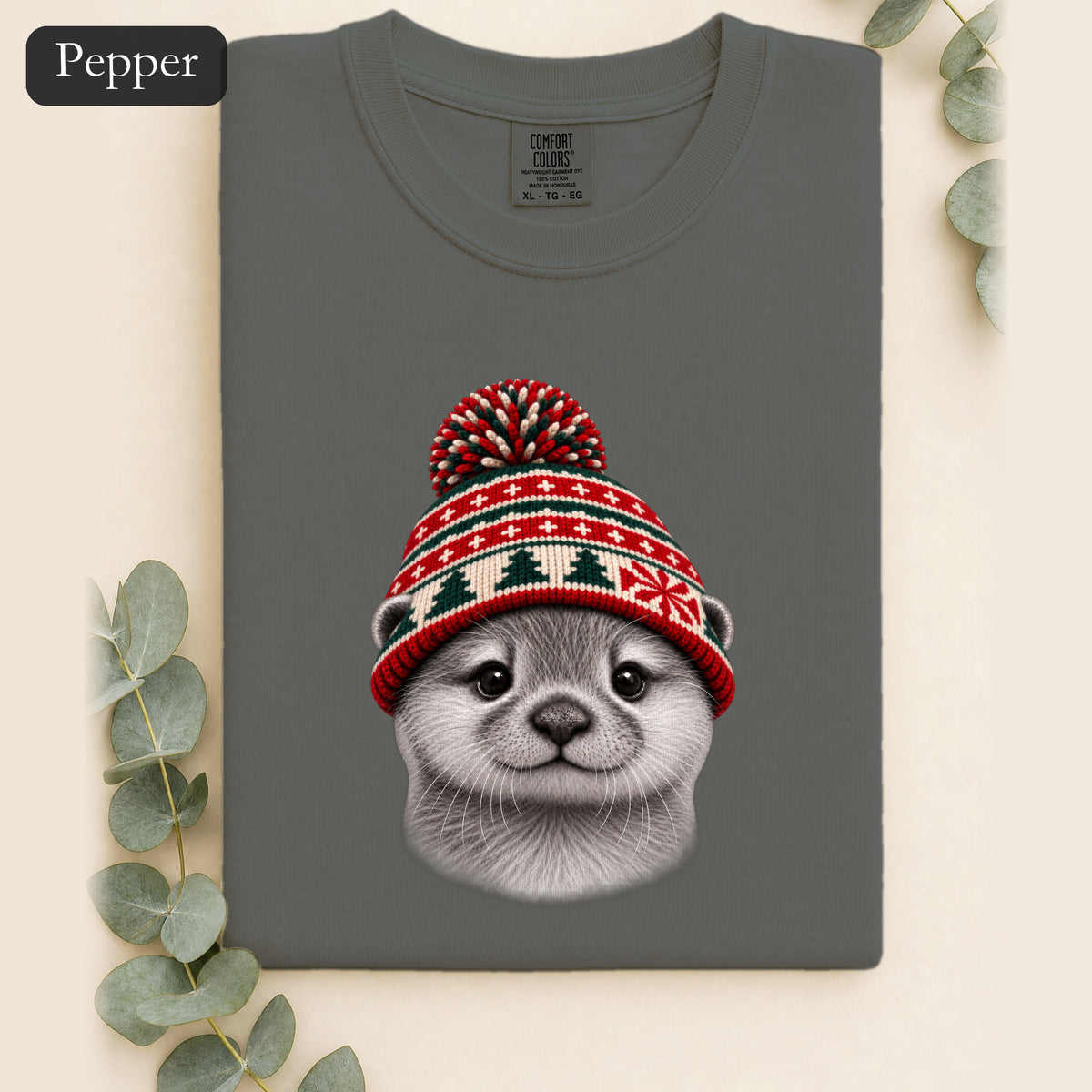 Otter Wearing Knit Christmas Winter Hat Shirt | Cute Holiday Animal Tee