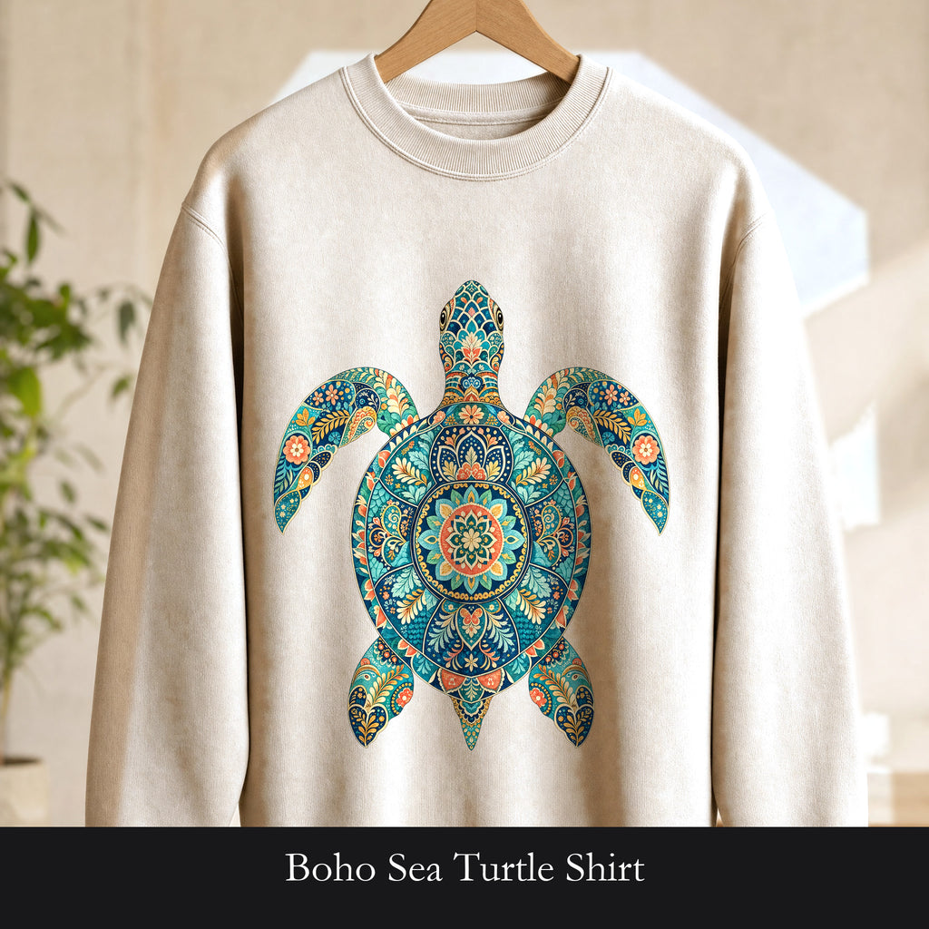 Boho Sea Turtle Shirt, Folk Art Turtle Tee, Japanese Pattern Ocean Lover Gift, Vintage Floral Turtle Sweatshirt