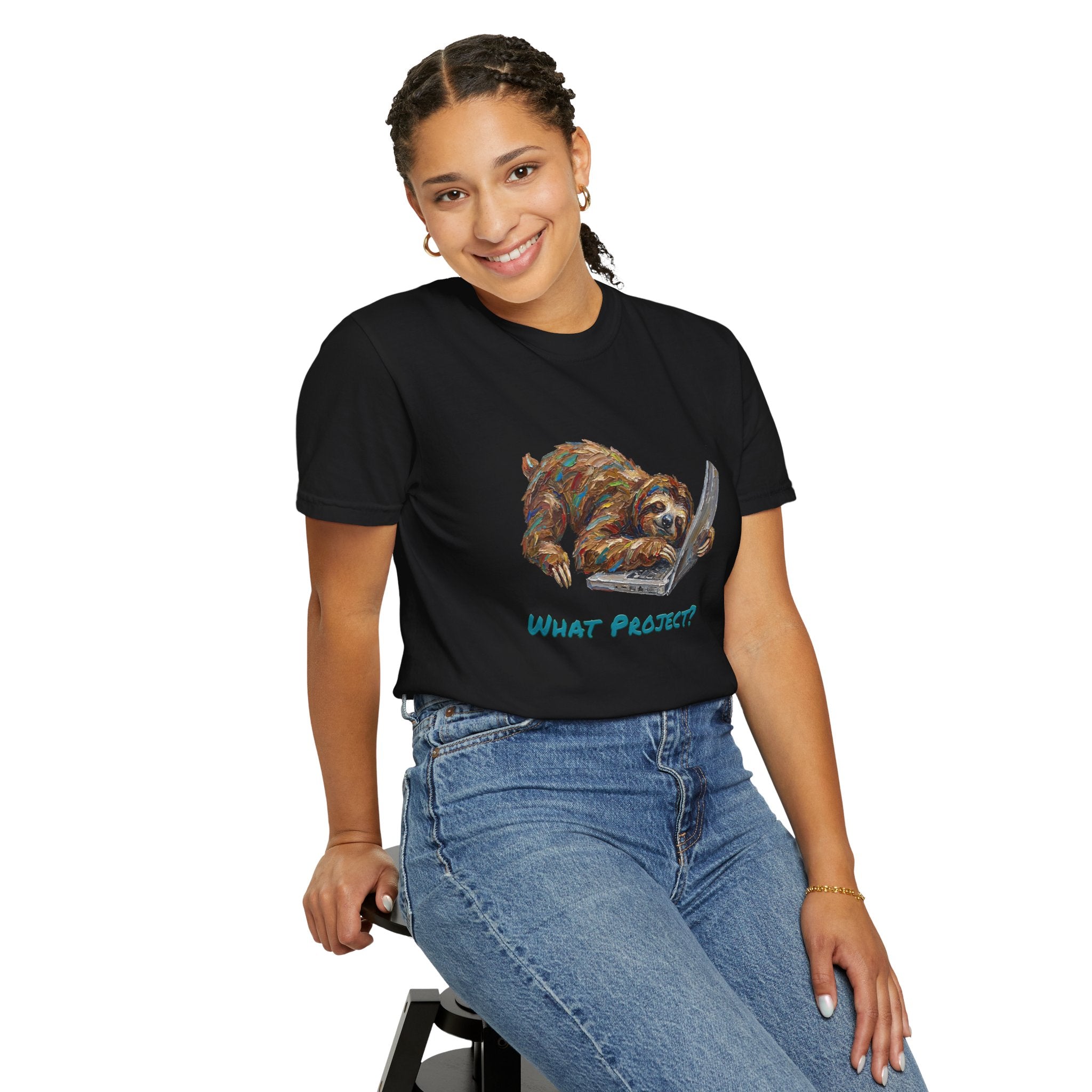 Sloth With Laptop T-Shirt — What Project? Funny Procrastination Tee