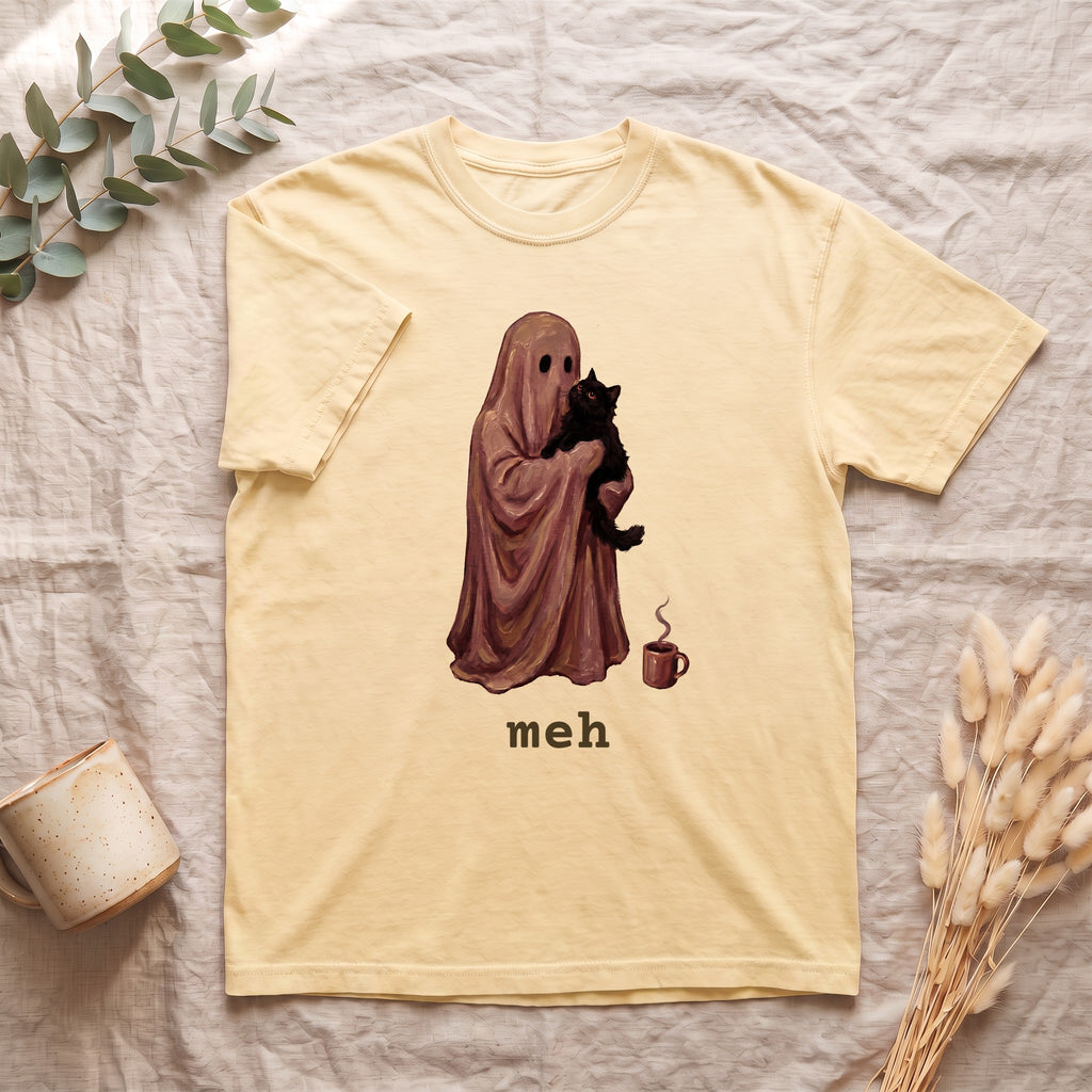 Meh Ghost Holding Cat Shirt, Deadpan Halloween Tee, Oversized Cozy Ghost Tee, Funny Black Cat Lover Gift