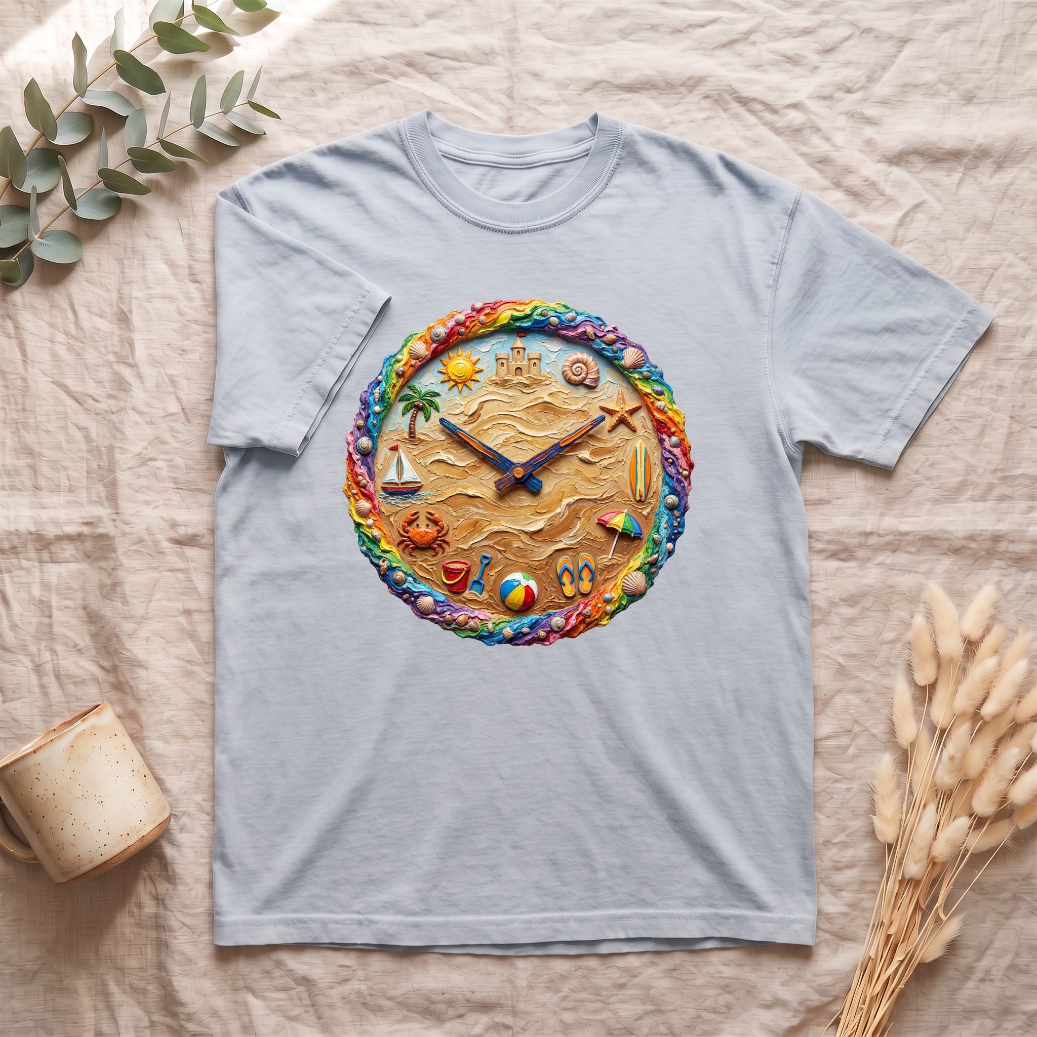 Beach Clock Shirt, Dreamy Coastal Art Tee, Surreal Beach Lover Gift, Summer Ocean Sweatshirt