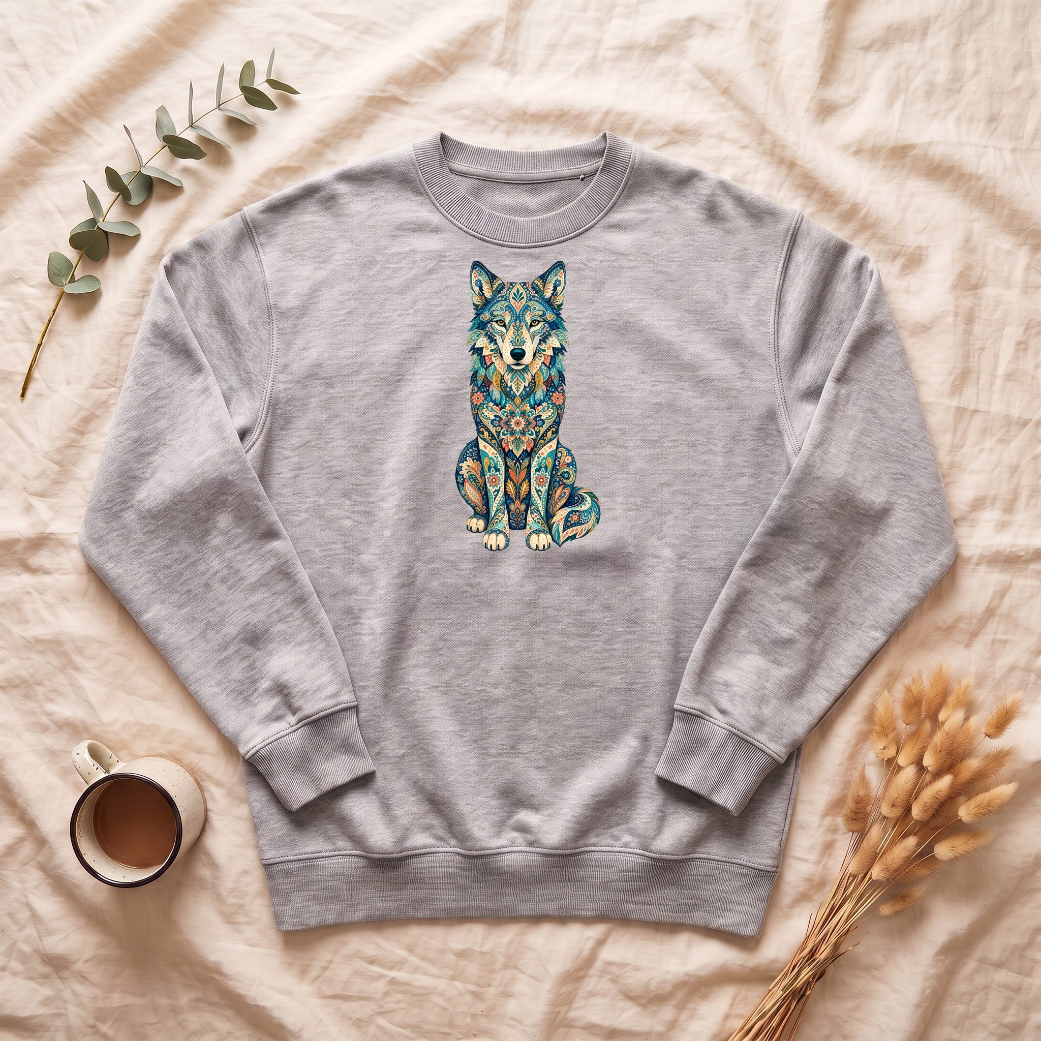 Boho Wolf Shirt, Folk Art Wolf Tee, Japanese Pattern Wolf Lover Gift, Vintage Floral Wolf Sweatshirt