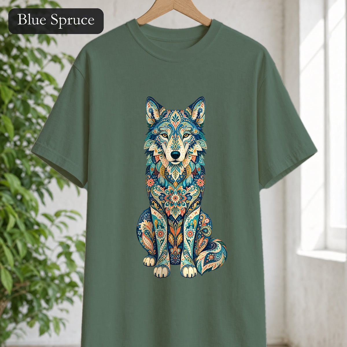 Boho Wolf Shirt, Folk Art Wolf Tee, Japanese Pattern Wolf Lover Gift, Vintage Floral Wolf Sweatshirt