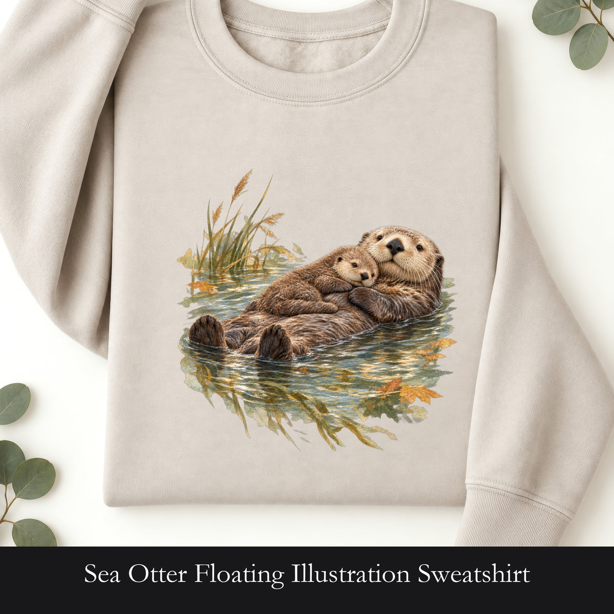 Sea Otter Floating Illustration Sweatshirt | Relaxing Wildlife Art