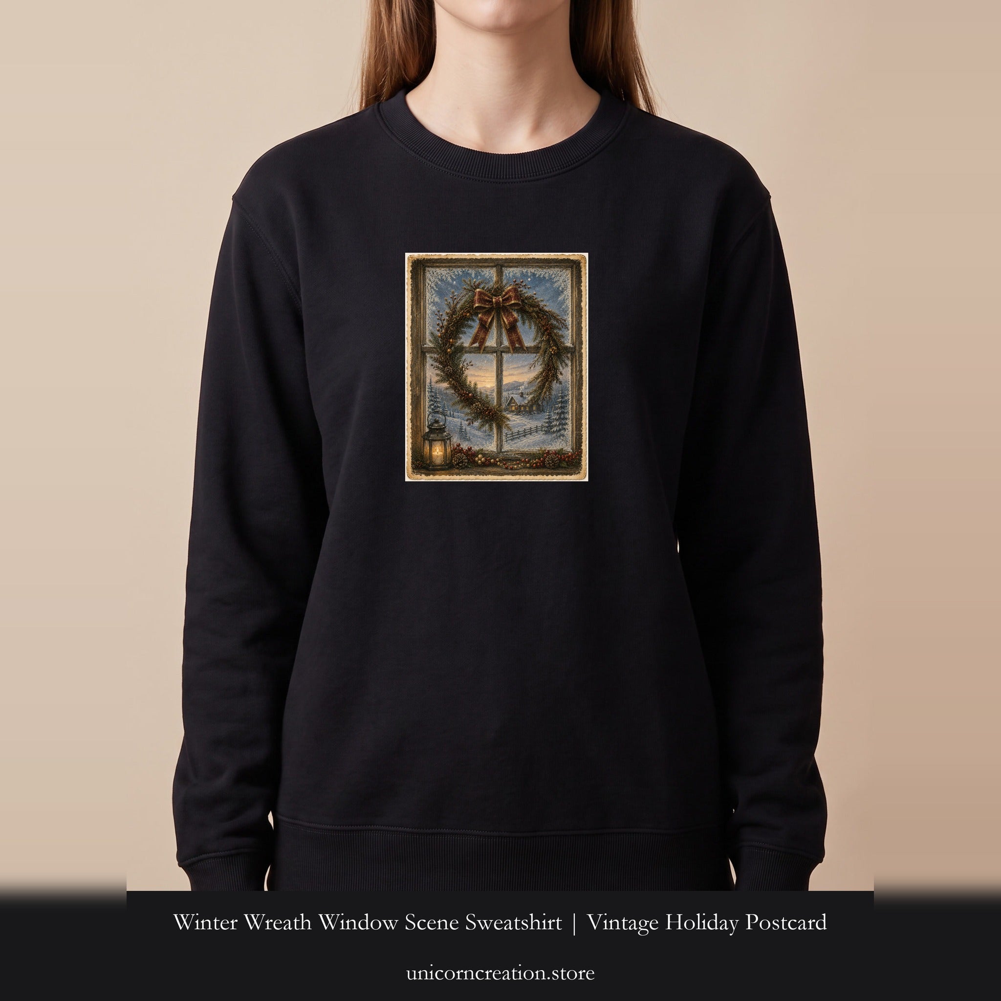 Winter Wreath Window Scene Sweatshirt | Vintage Holiday Postcard
