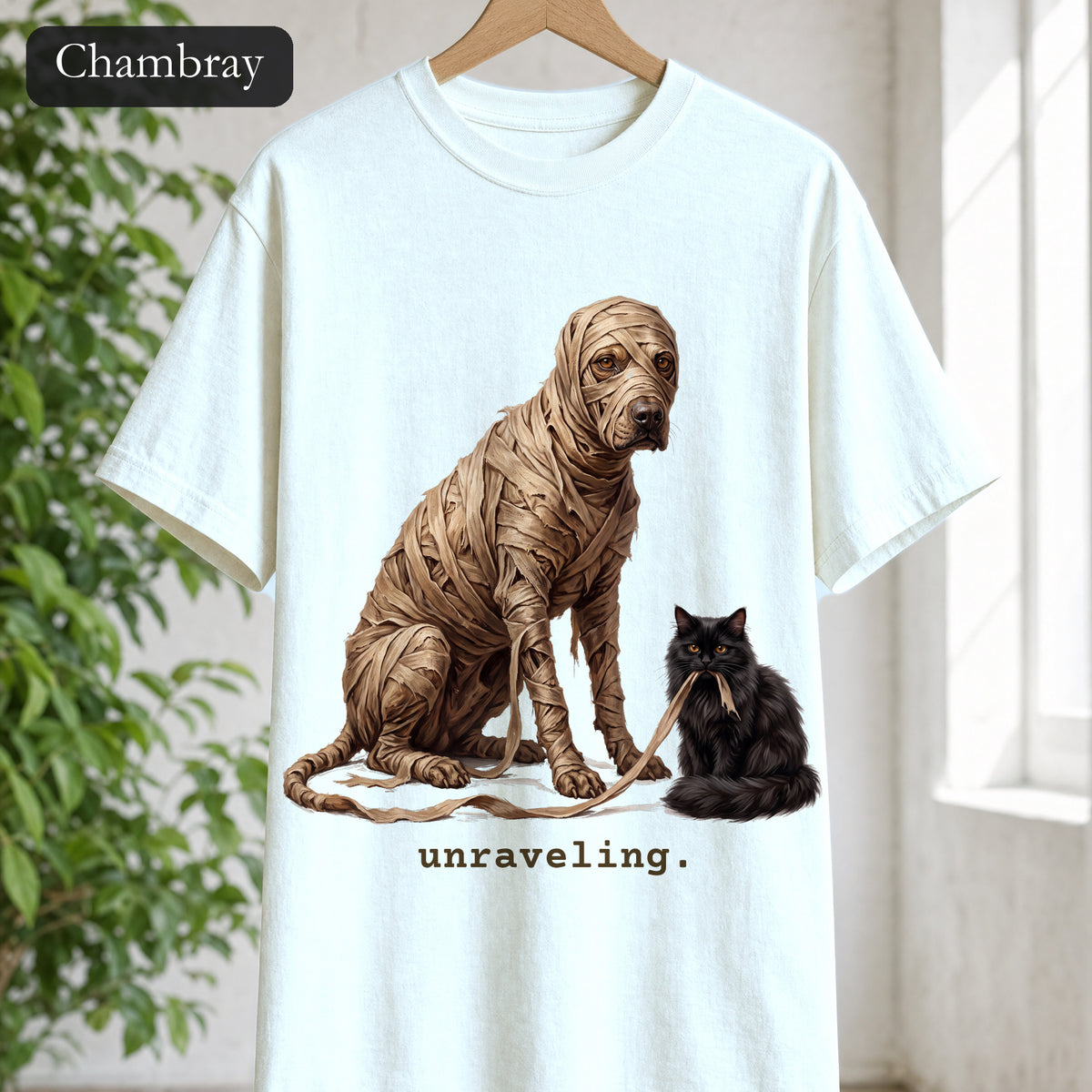 Unraveling Mummy & Cat Shirt, Funny Halloween Mummy Tee, Cozy Deadpan Spooky Tee, Black Cat Lover Gift
