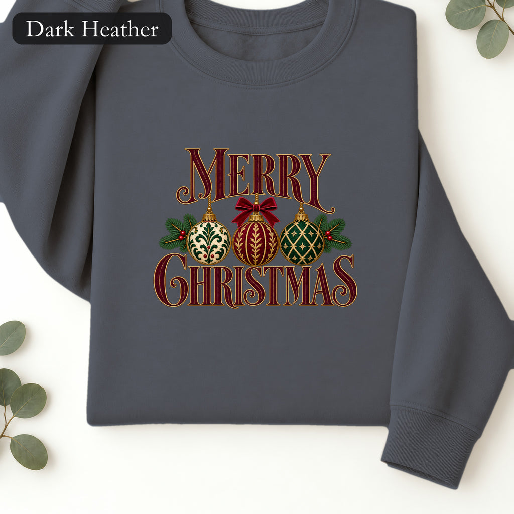 Merry Christmas Ornament Sweatshirt | Festive Christmas Ornament Long Sleeves Shirt | Faux Embroidery