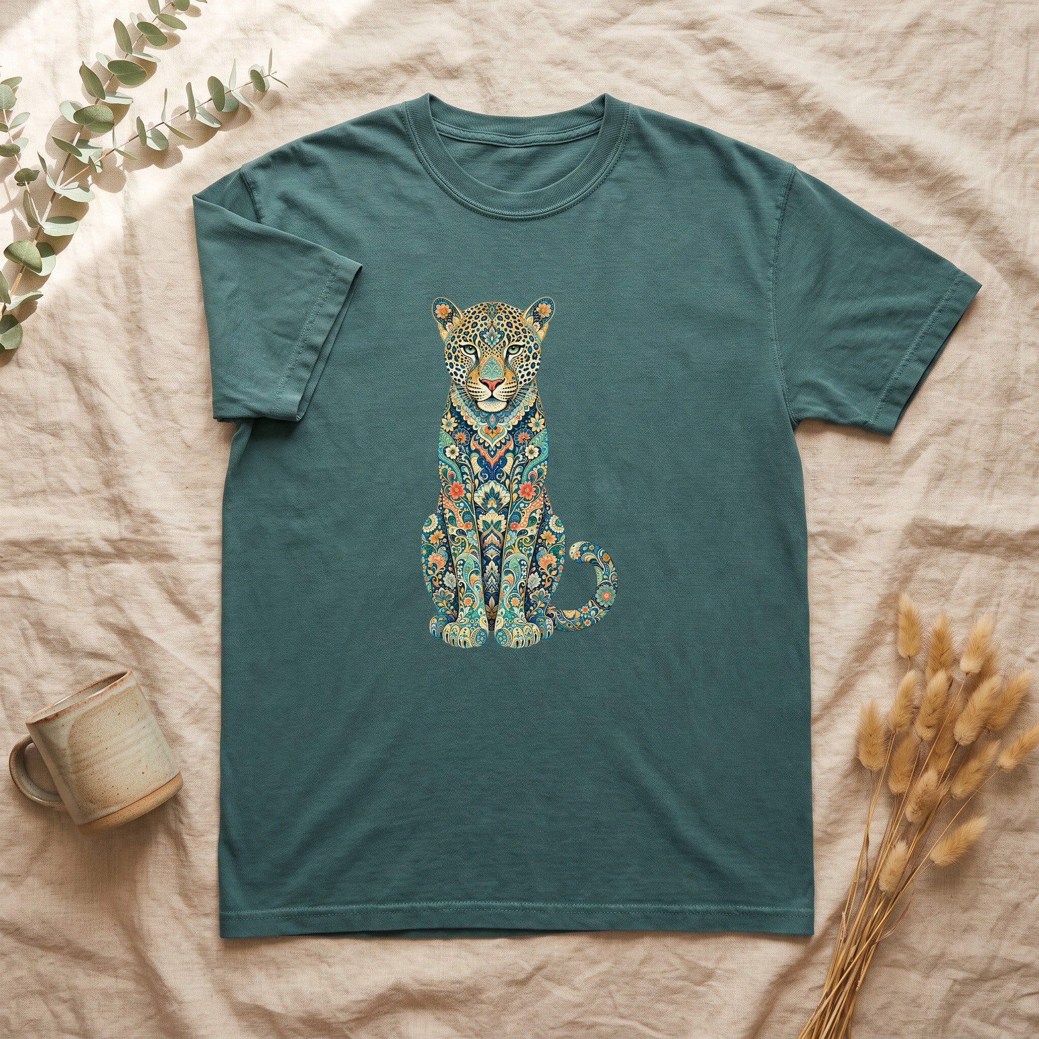 Boho Leopard Shirt, Folk Art Leopard Tee, Japanese Pattern Big Cat Lover Gift, Vintage Floral Leopard Sweatshirt