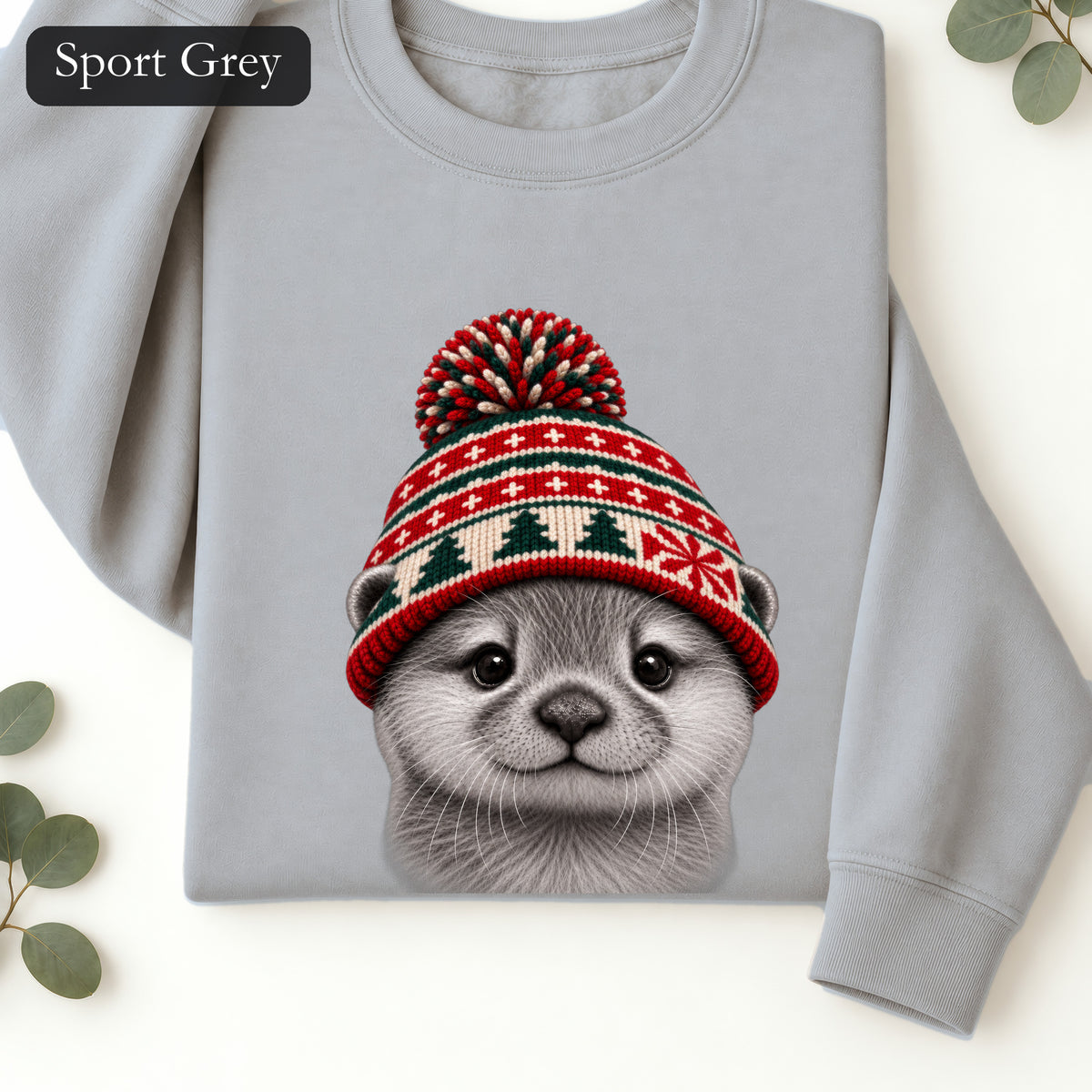 Otter Wearing Knit Christmas Winter Hat Sweatshirt | Cute Holiday Animal Crewneck