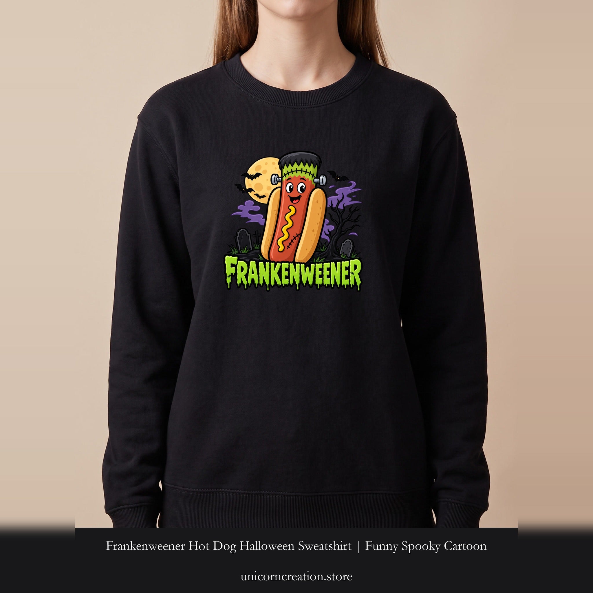 Frankenweener Hot Dog Halloween Sweatshirt | Funny Spooky Cartoon