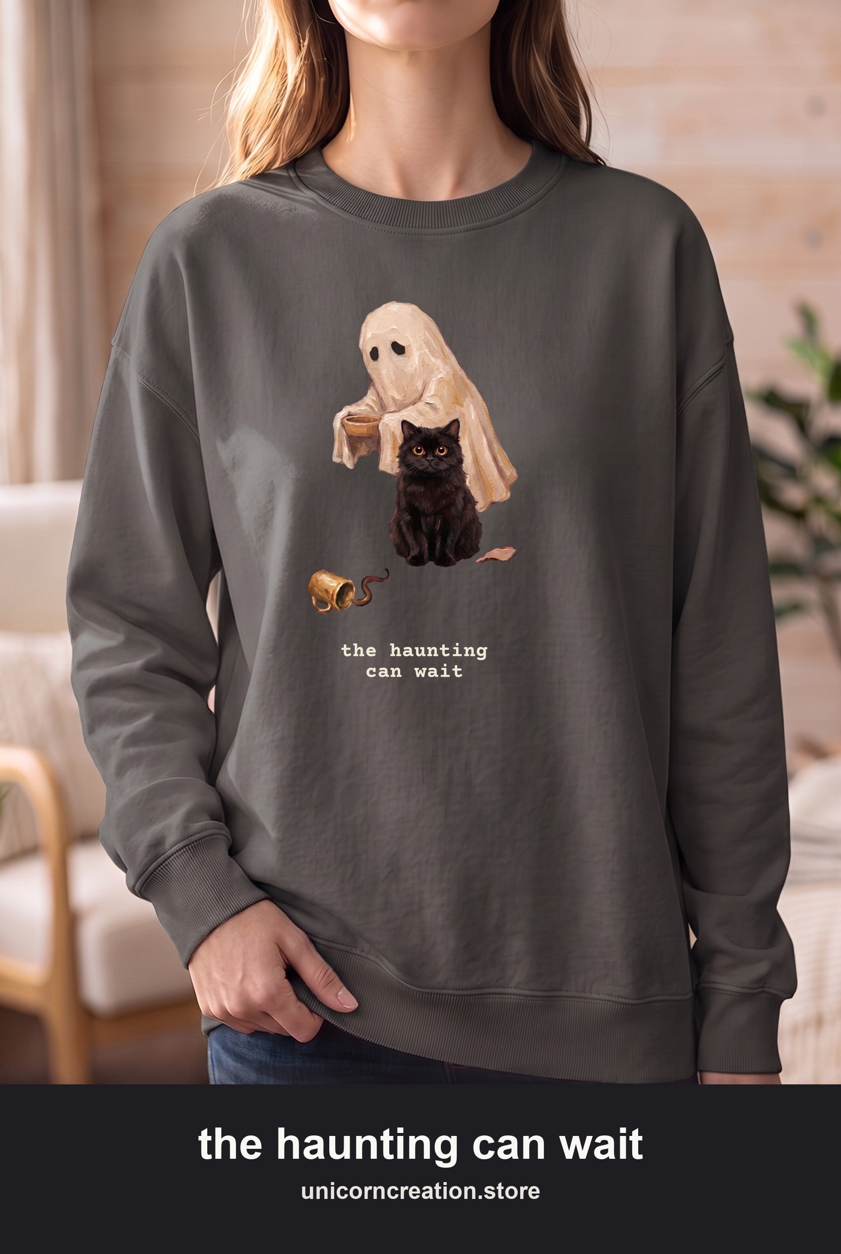 The Haunting Can Wait Sweatshirt, Ghost Serving Cat Crewneck, Funny Cat Parent Halloween Sweatshirt, Spoiled Cat Lover Gift