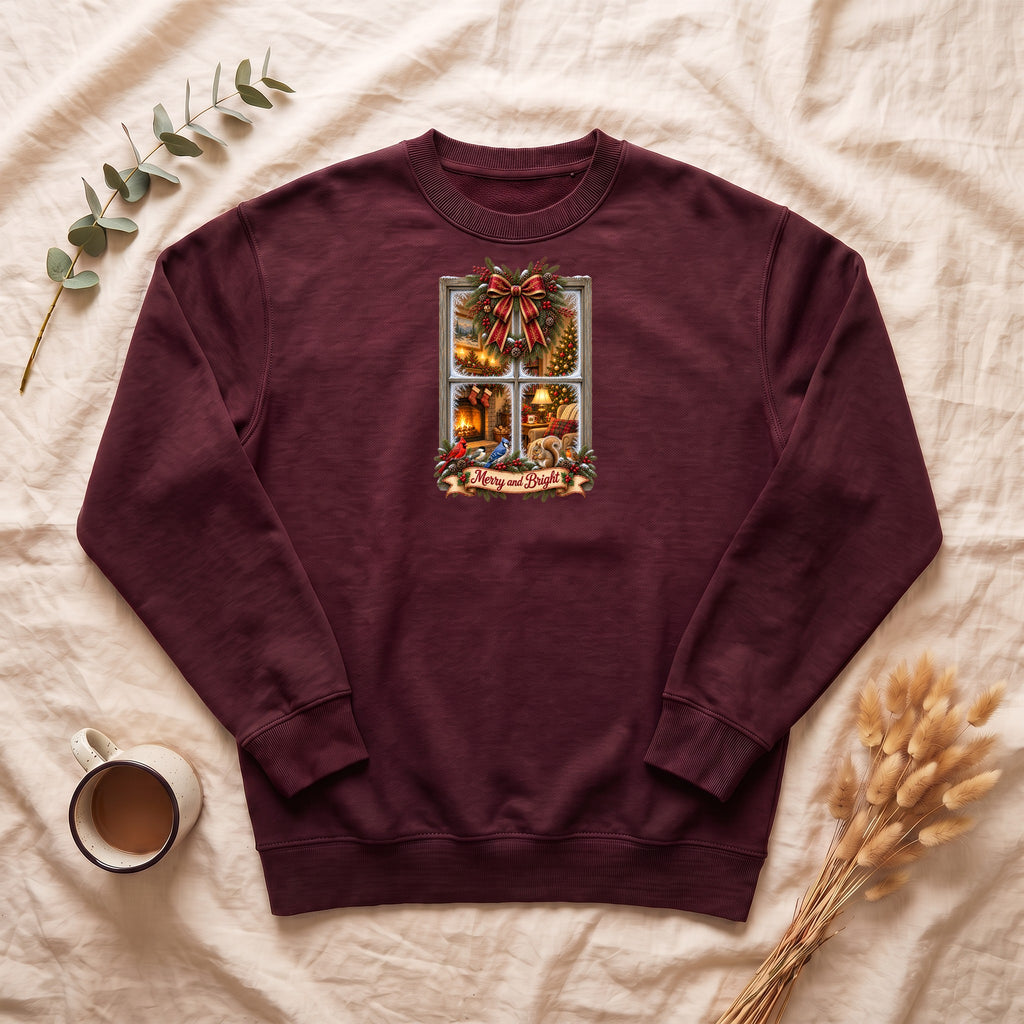 Merry and Bright Window Scene Sweatshirt | Christmas Bow, Wreath, Candlelights