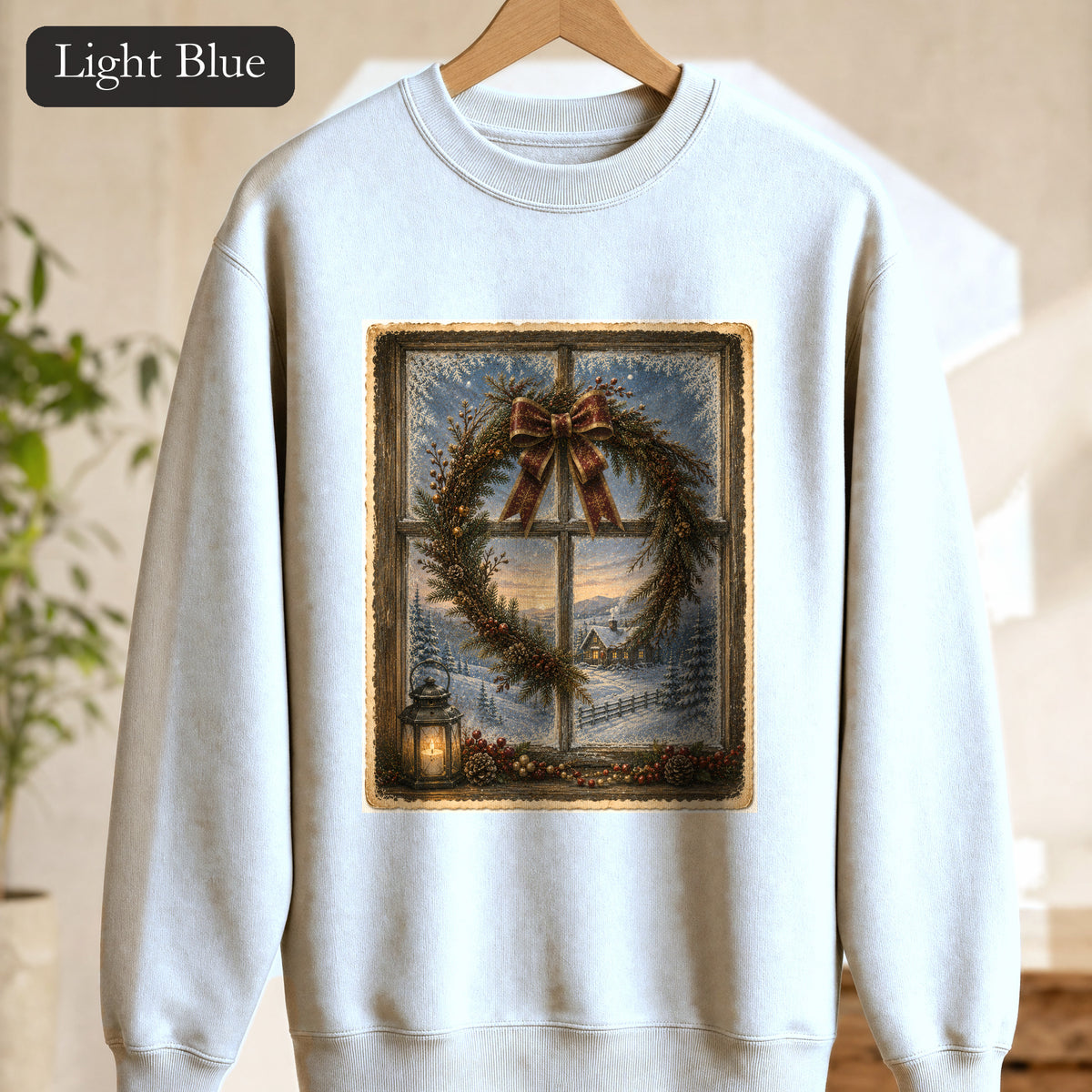 Winter Wreath Window Scene Sweatshirt | Vintage Holiday Postcard