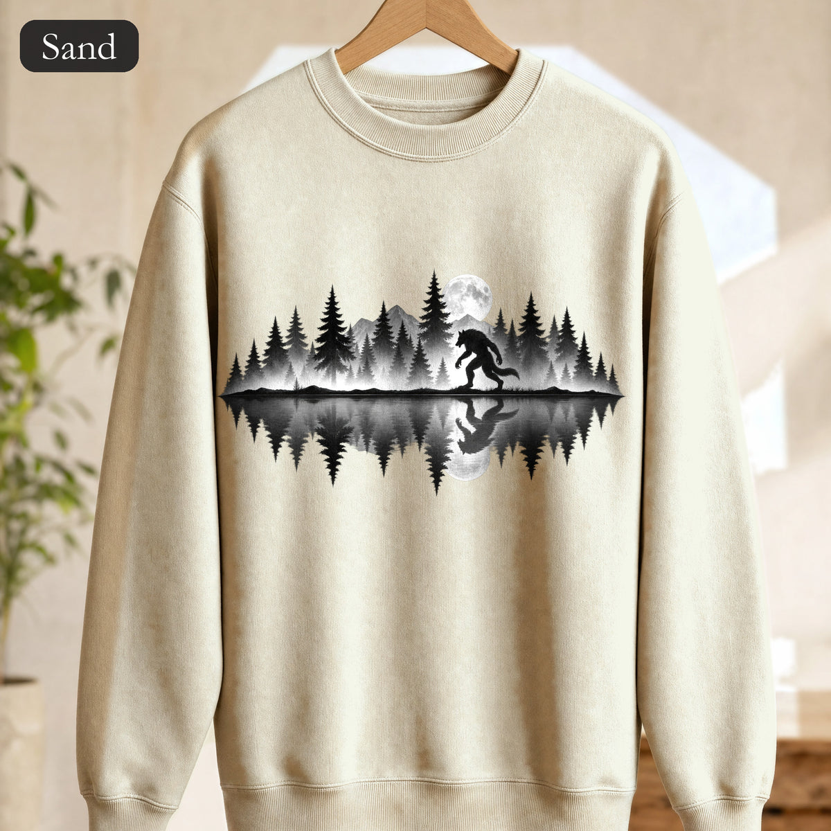Werewolf Silhouette Moonlight Forest Sweatshirt | Werewolf Lake Reflection
