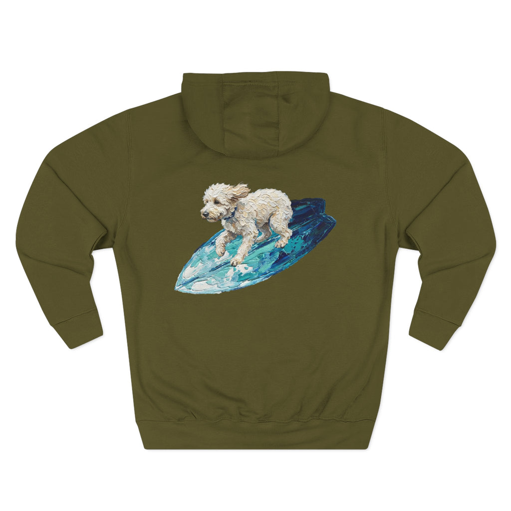 Surf Dog Hoodie — Cute White Dog Riding a Blue Surfboard Pullover