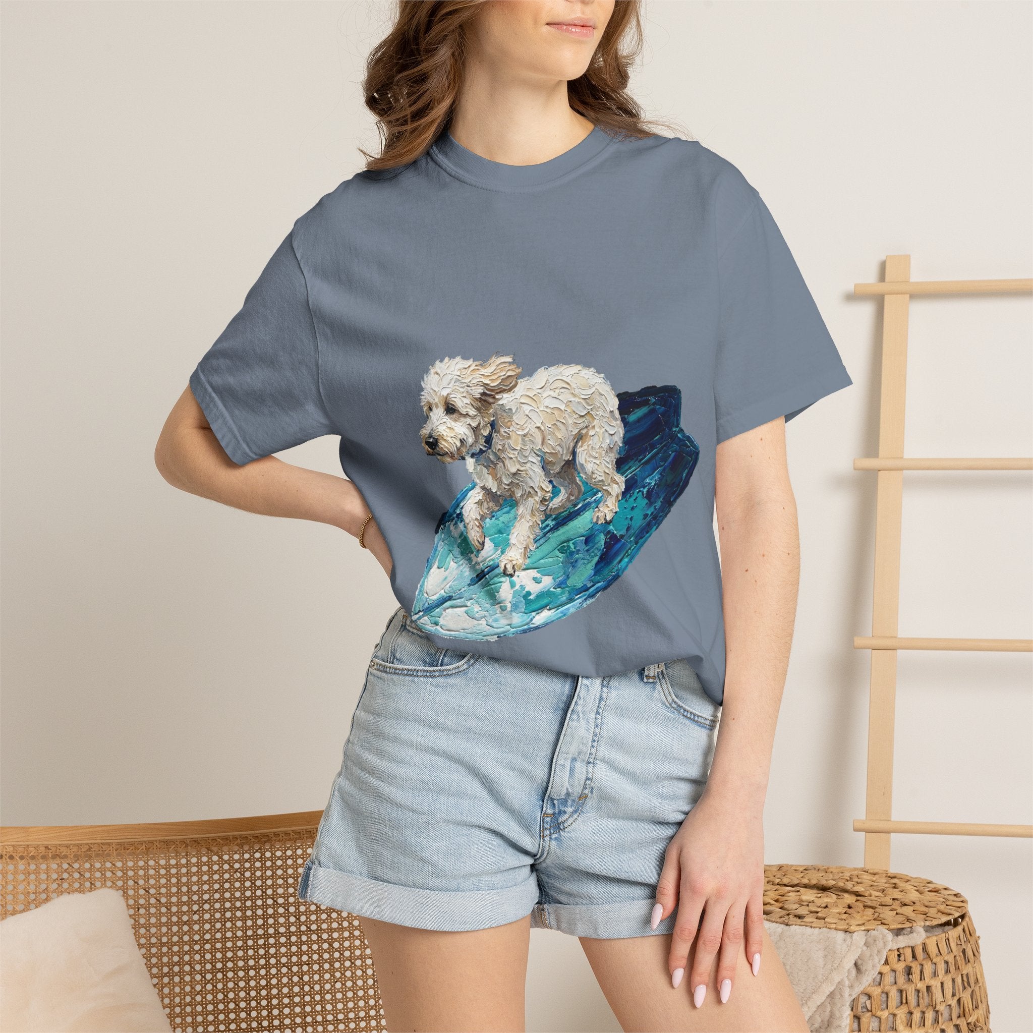 Surfing Dog Shirt, Painterly Surf Dog Tee, Beach Coastal Dog Lover Gift, Summer Ocean Dog Mom Sweatshirt