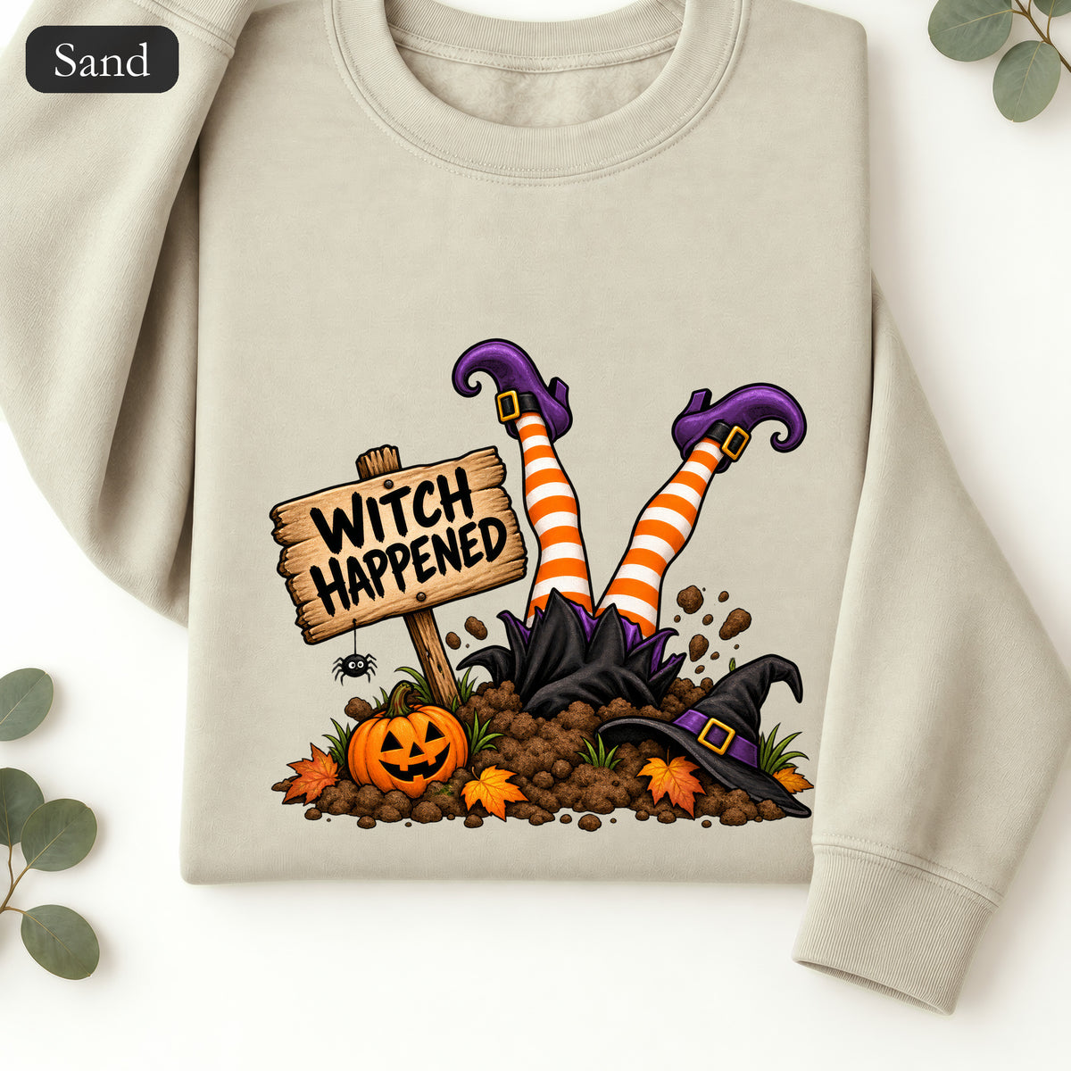 Witch Happened legs up in graveyard Sweatshirt | Halloween witch pumpkin witch design