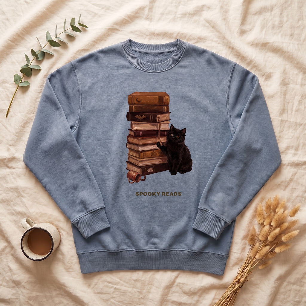 Spooky Reads Cat Sweatshirt, TBR Halloween Book Crewneck, Bookish Spooky Season Sweatshirt, Book Lover Black Cat Gift