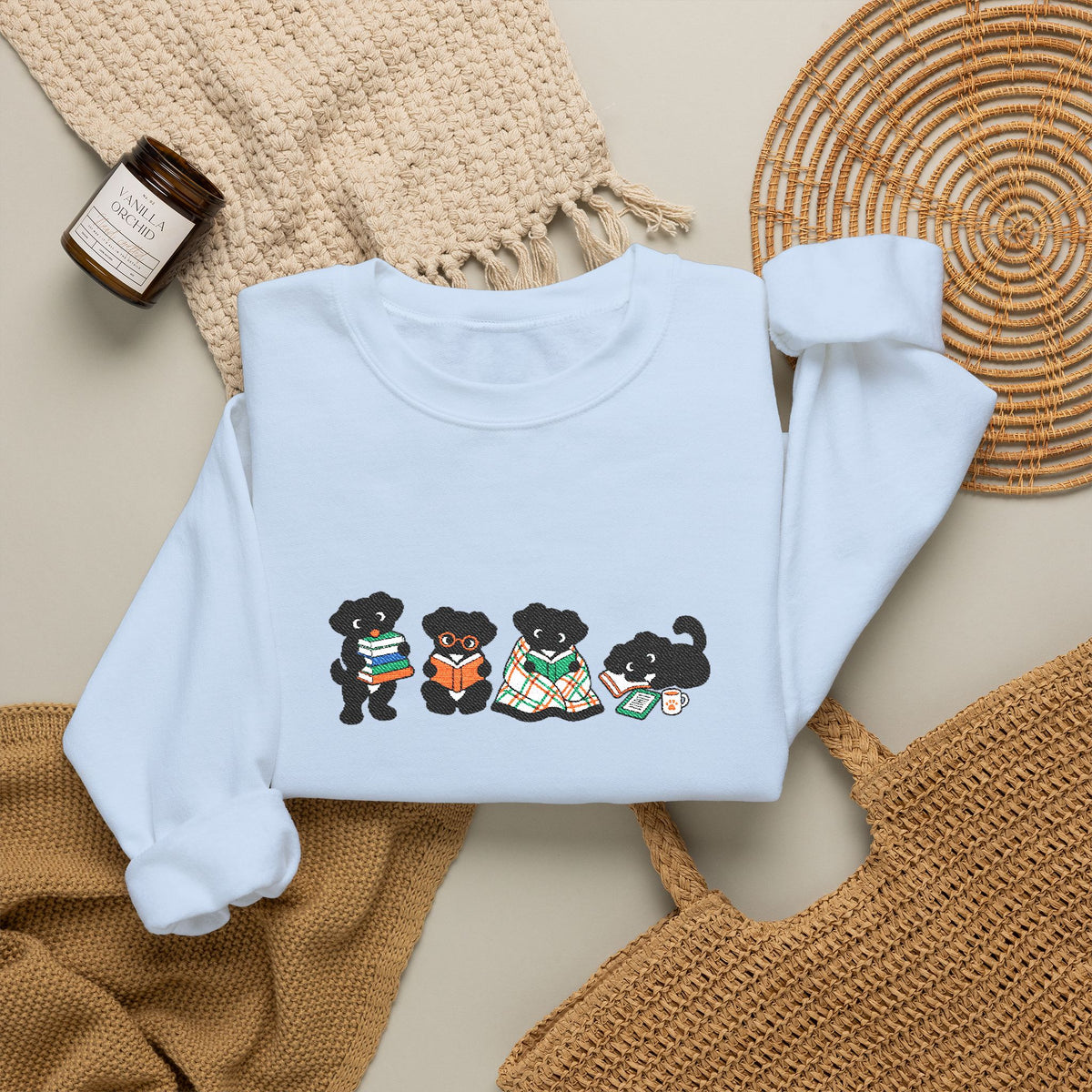 Embroidered Puppy Reading Sweatshirt | Cute Dog Art Crewneck