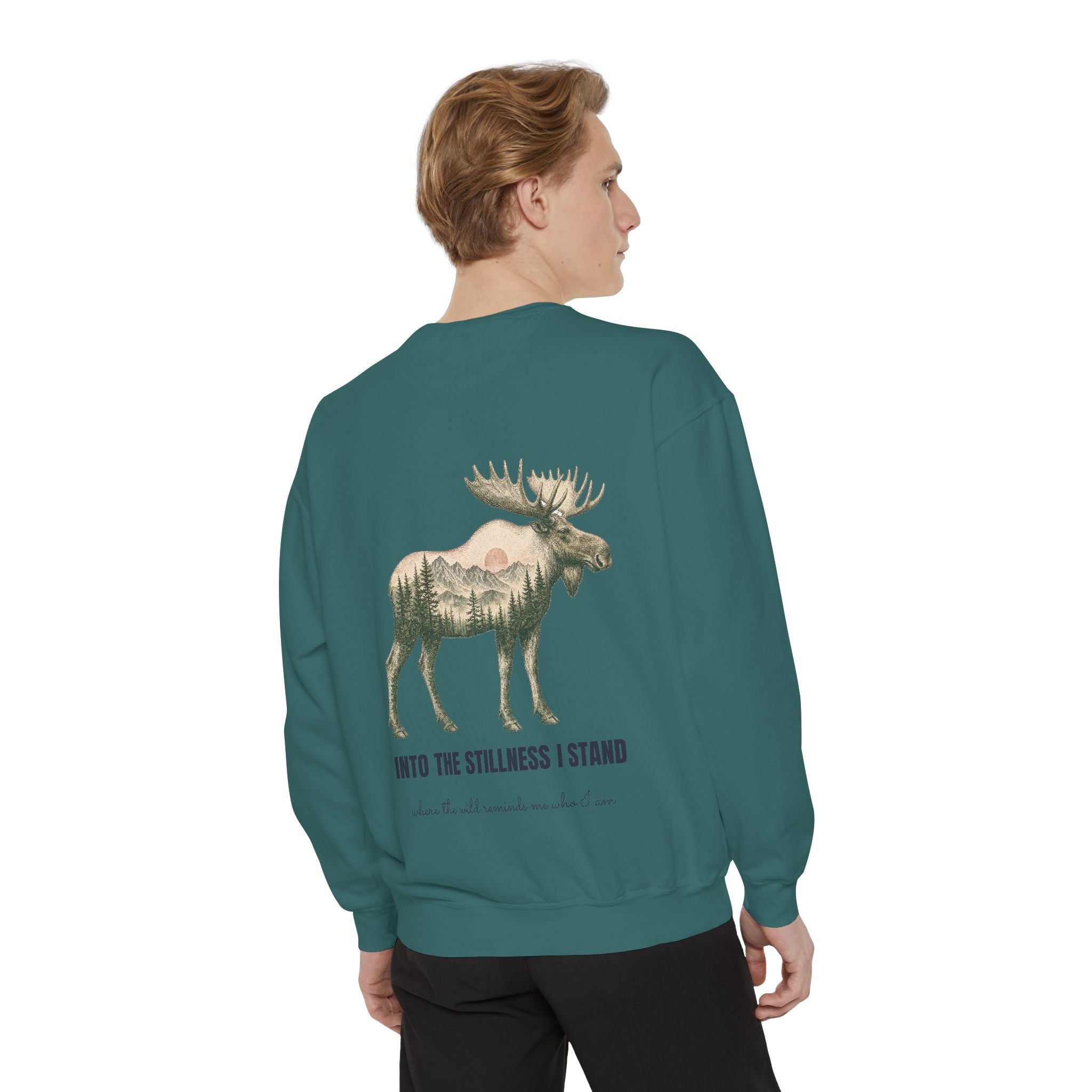 Into the Stillness I Stand Shirt, Moose Double Exposure Tee, Mountain Wilderness Camping Gift, Woodland Nature Sweatshirt