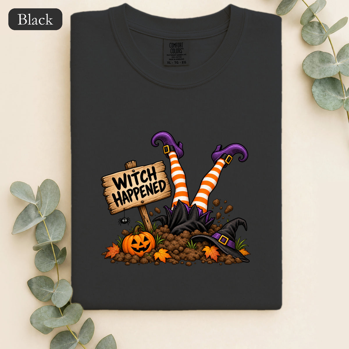 Witch Happened legs up in graveyard Shirt | Halloween witch pumpkin witch design