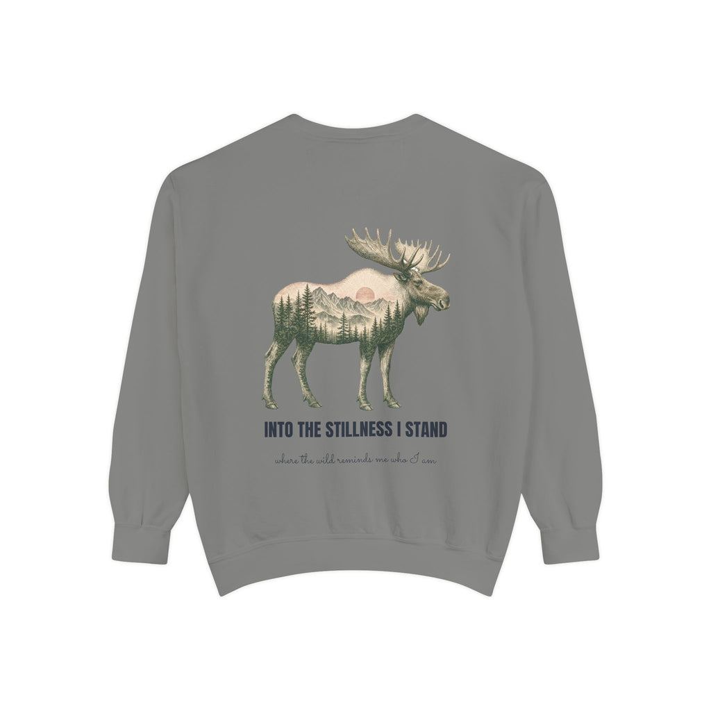 Into the Stillness I Stand Shirt, Moose Double Exposure Tee, Mountain Wilderness Camping Gift, Woodland Nature Sweatshirt