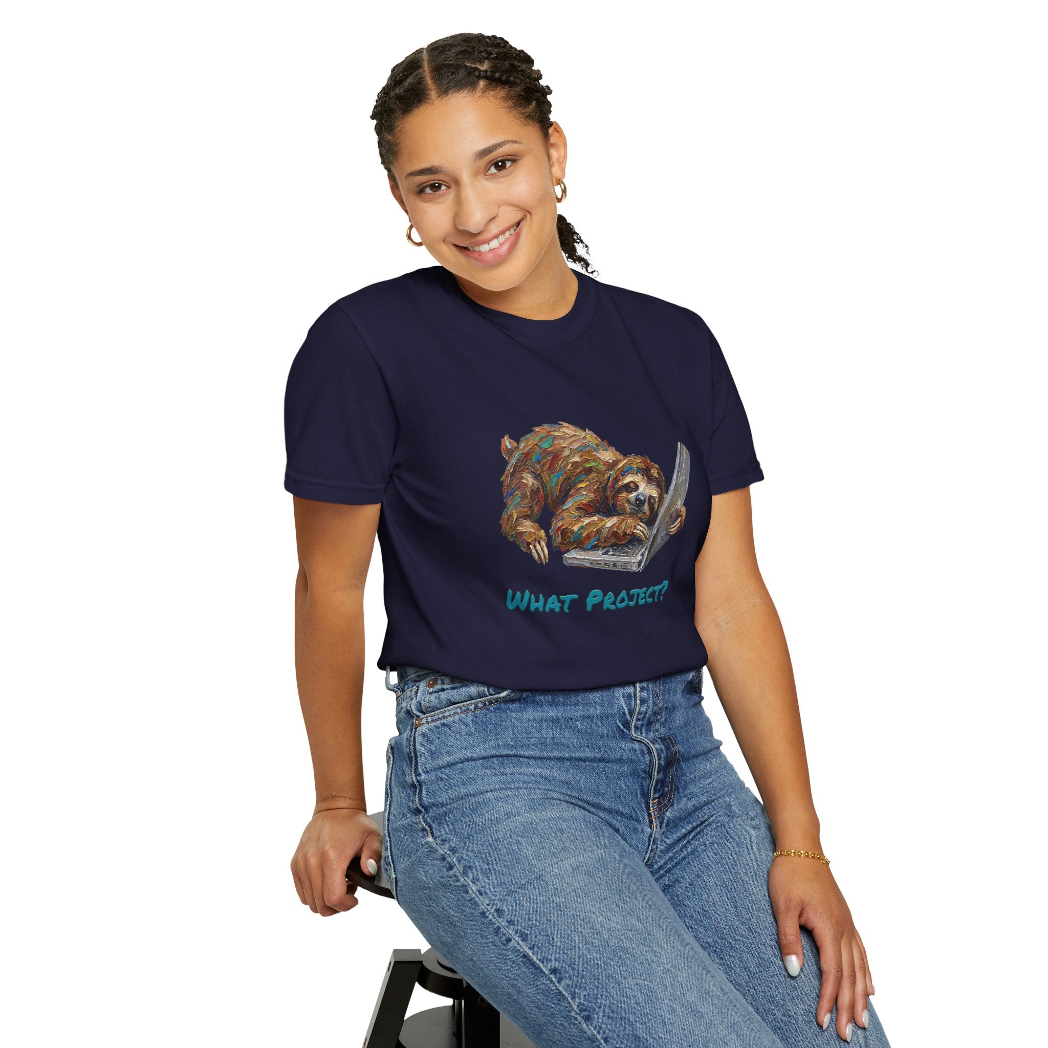 Sloth With Laptop T-Shirt — What Project? Funny Procrastination Tee