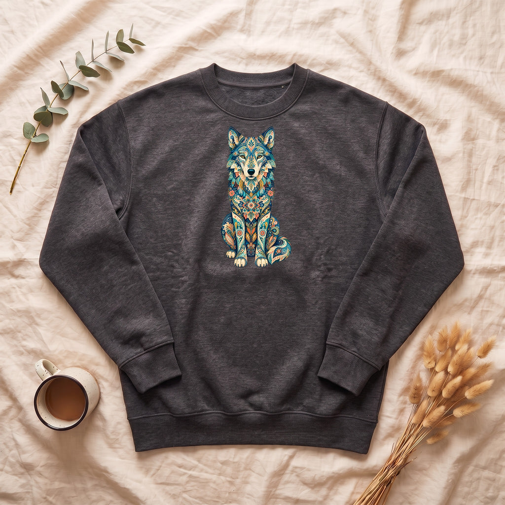 Boho Wolf Shirt, Folk Art Wolf Tee, Japanese Pattern Wolf Lover Gift, Vintage Floral Wolf Sweatshirt