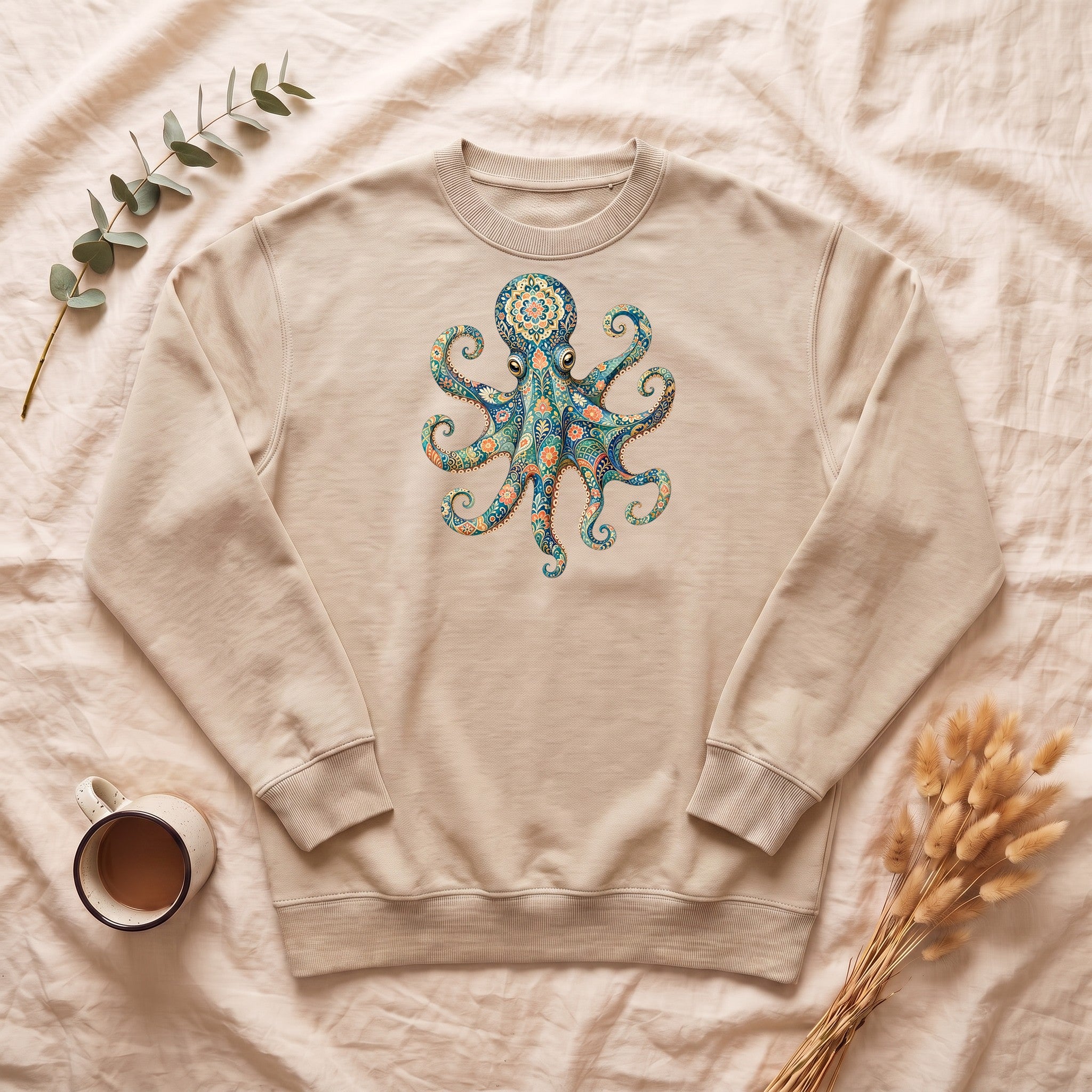 Boho Octopus Shirt, Folk Art Octopus Tee, Japanese Pattern Ocean Lover Gift, Vintage Floral Octopus Sweatshirt