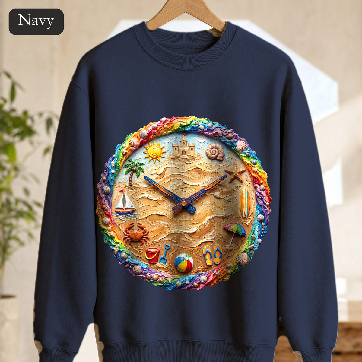 Beach Clock Shirt, Dreamy Coastal Art Tee, Surreal Beach Lover Gift, Summer Ocean Sweatshirt