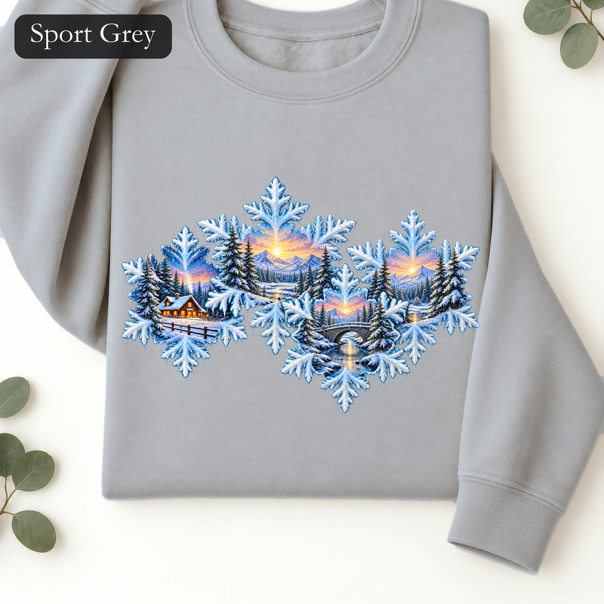 Snowflake Scenic Sunset Crewneck Sweatshirt | Winter Lake Landscape