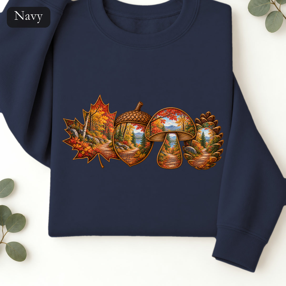 Autumn Lake Scene on Maple Leaves Sweatshirt | Fall Landscape Crewneck