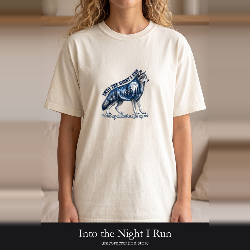 Into the Night I Run Shirt, Wolf Double Exposure Tee, Moonlit Forest Wild Spirit Gift, Woodland Nature Sweatshirt