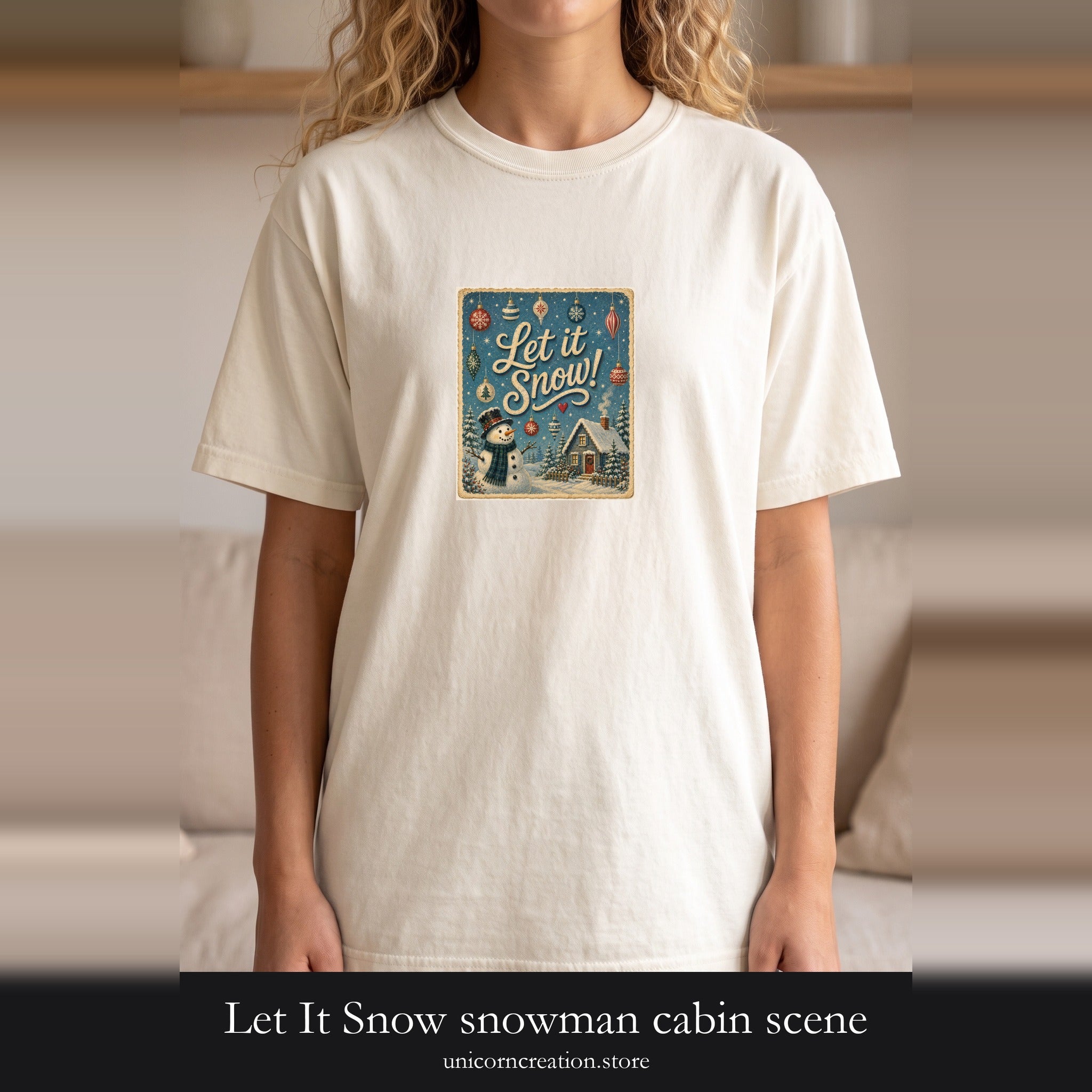 Let It Snow snowman cabin scene Shirt | vintage holiday winter design