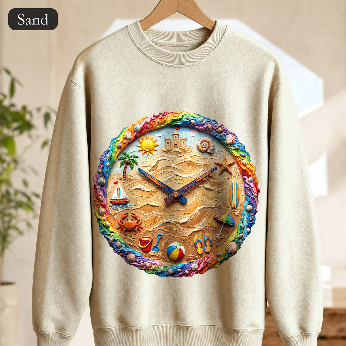 Beach Clock Shirt, Dreamy Coastal Art Tee, Surreal Beach Lover Gift, Summer Ocean Sweatshirt