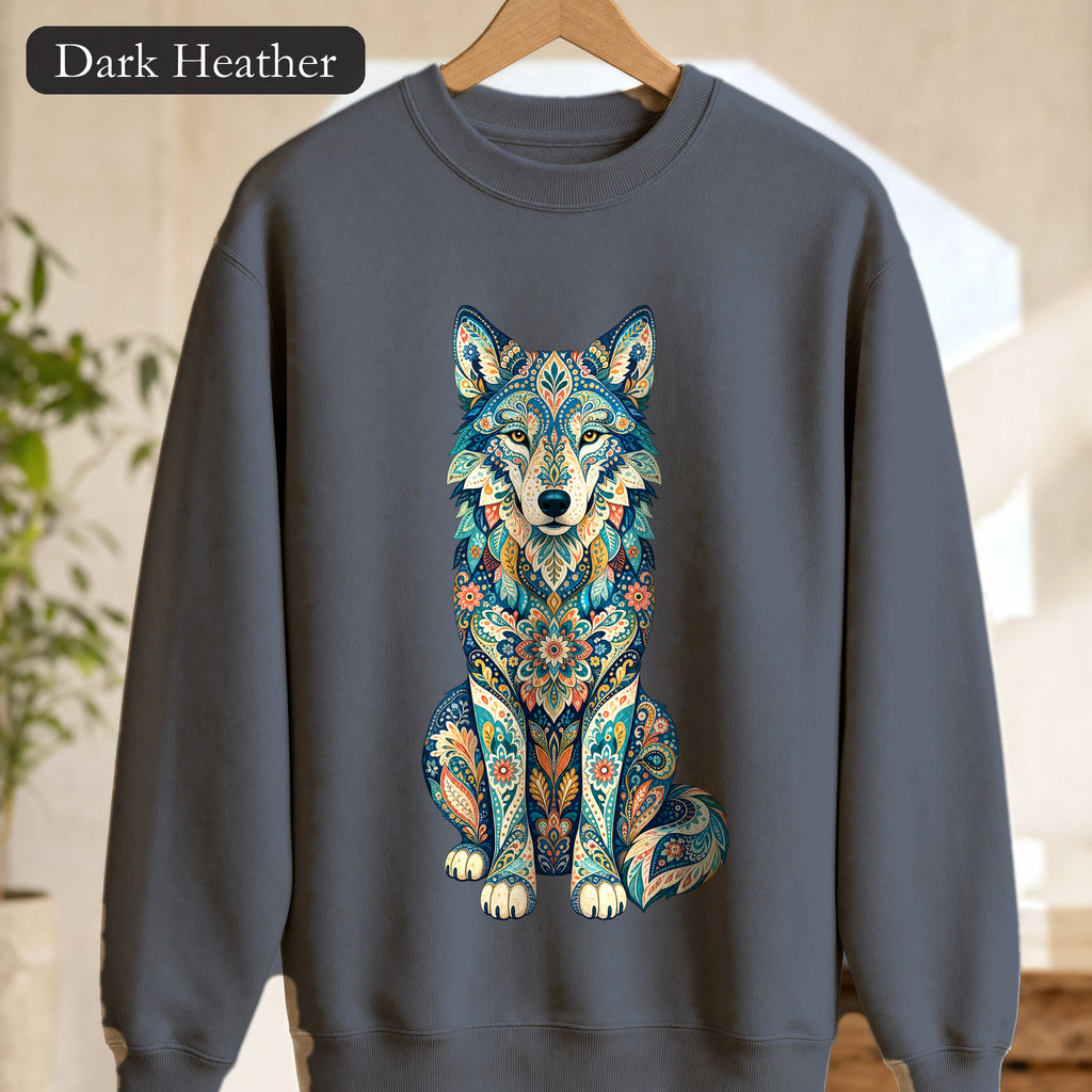 Boho Wolf Shirt, Folk Art Wolf Tee, Japanese Pattern Wolf Lover Gift, Vintage Floral Wolf Sweatshirt