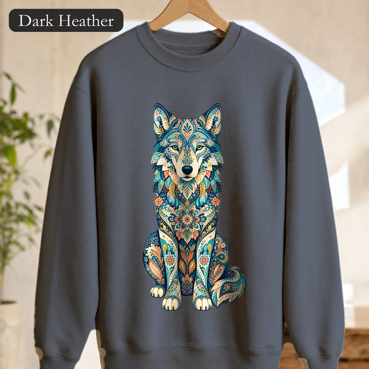 Boho Wolf Shirt, Folk Art Wolf Tee, Japanese Pattern Wolf Lover Gift, Vintage Floral Wolf Sweatshirt