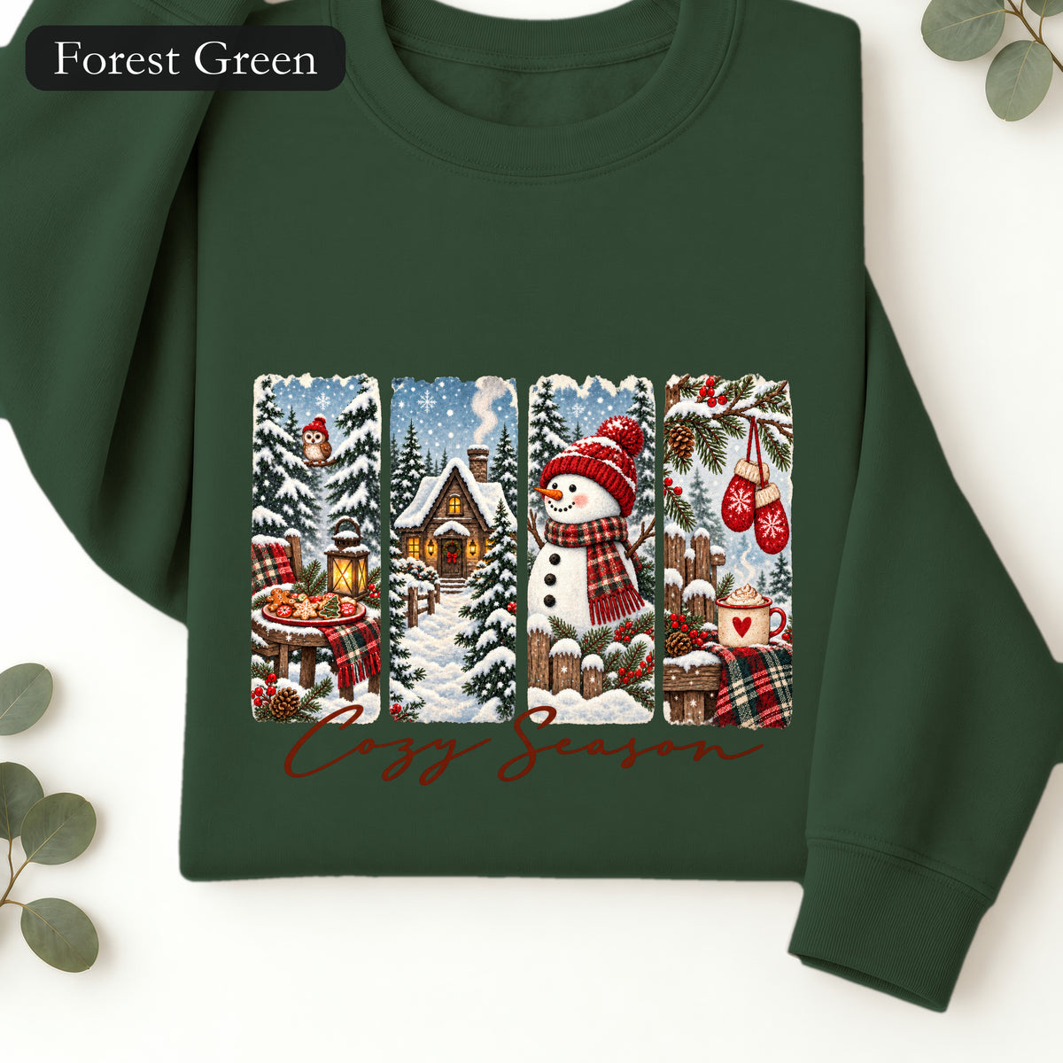 Cozy Winter Scenes Crewneck | Snowman Cabin Holiday Sweatshirt