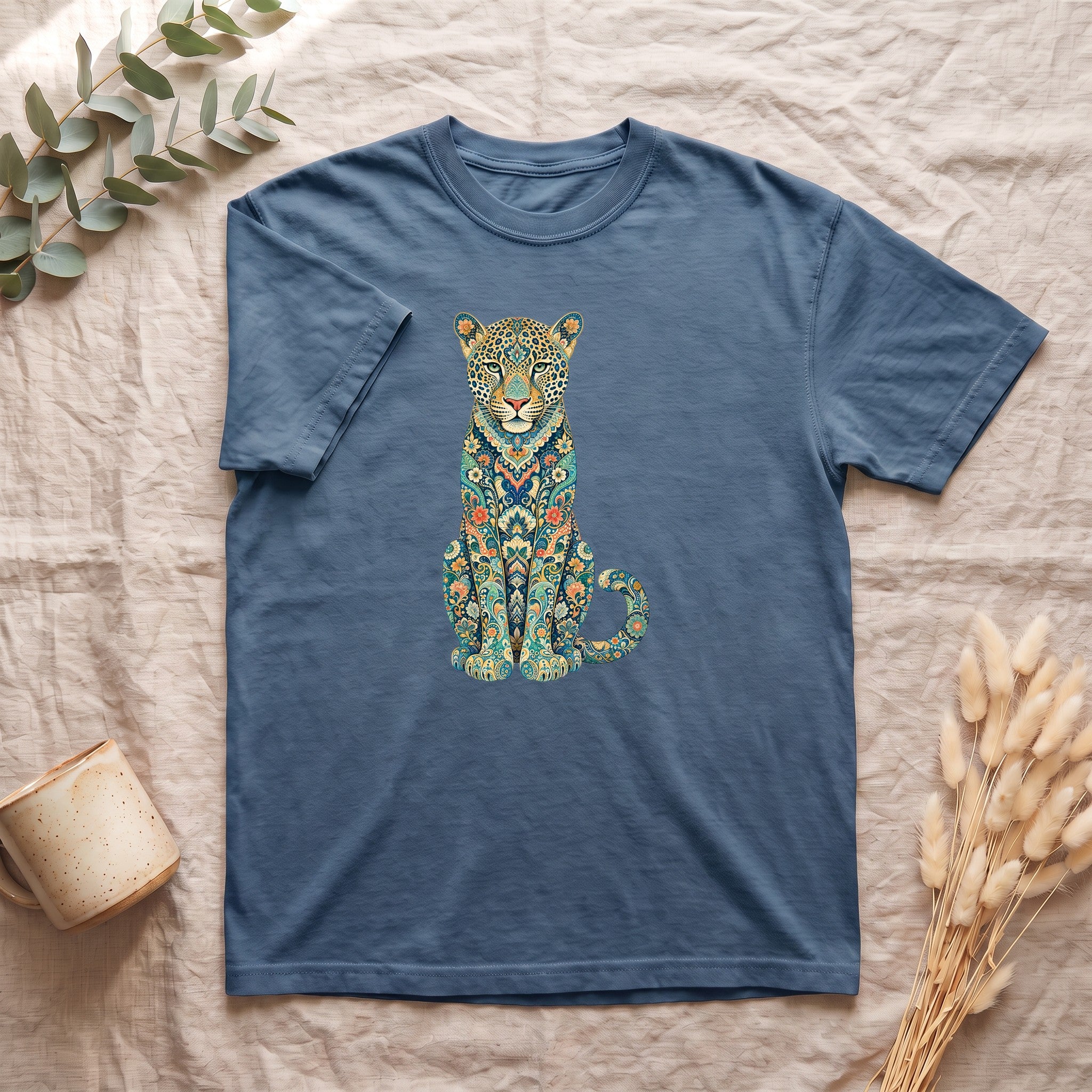 Boho Leopard Shirt, Folk Art Leopard Tee, Japanese Pattern Big Cat Lover Gift, Vintage Floral Leopard Sweatshirt