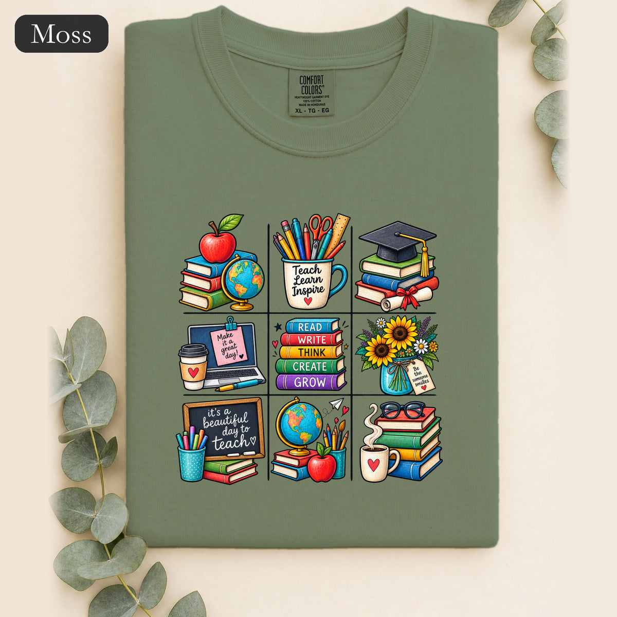 Teacher Classroom Icons Shirt | Books, Globe, Apple, Chalkboard