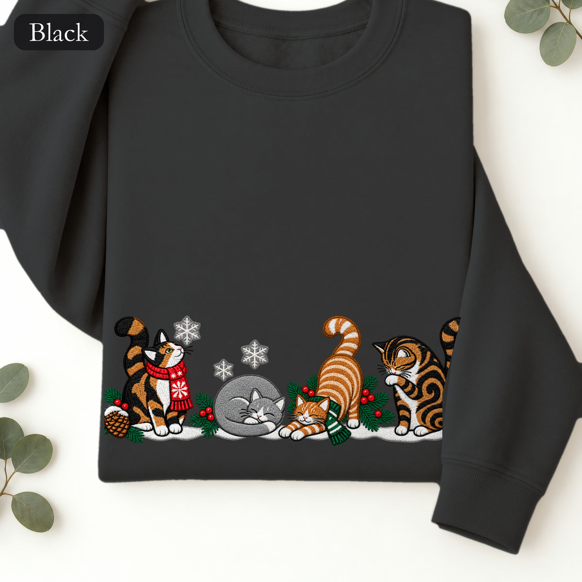 Embroidered Winter Cats Crewneck Sweatshirt | Cozy Christmas Cat Lineup in Scarves, Cat Lover Holiday Gift