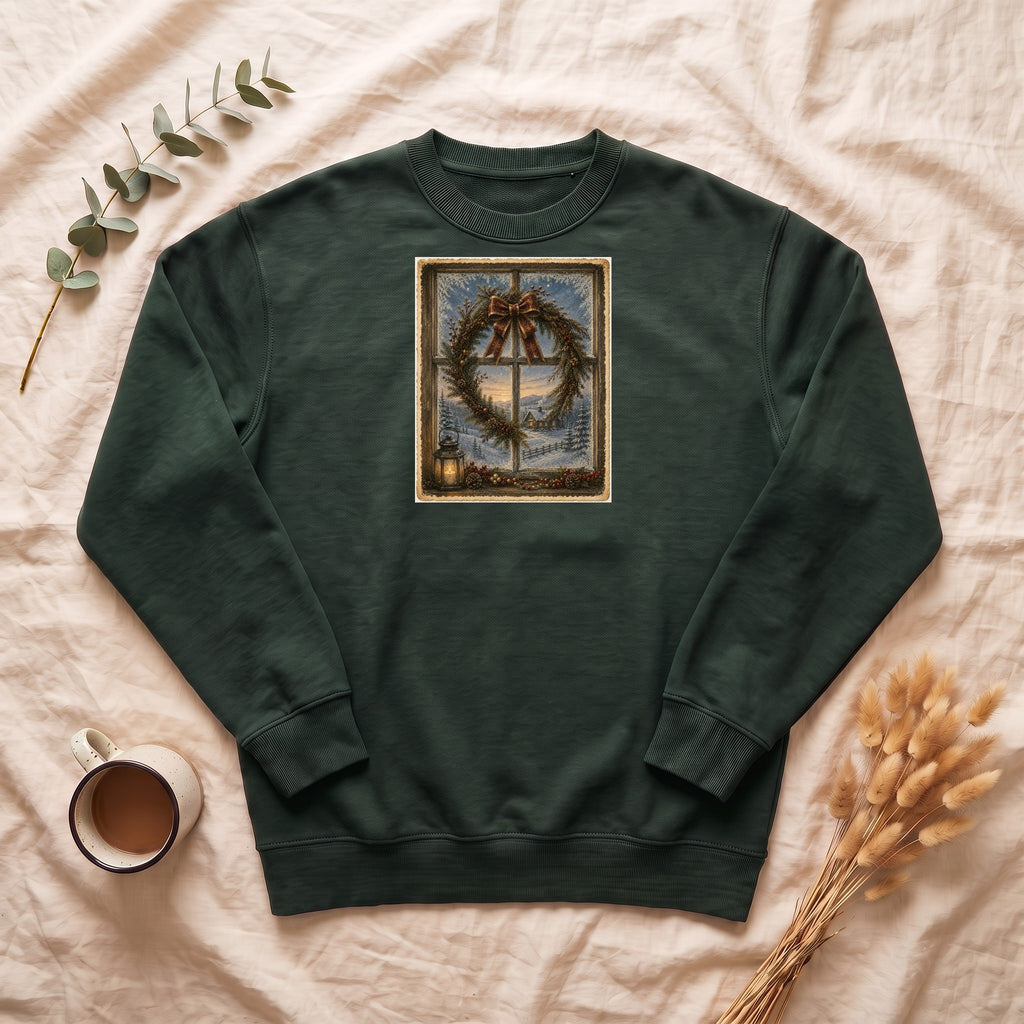 Winter Wreath Window Crewneck Sweatshirt | Vintage Christmas Scene