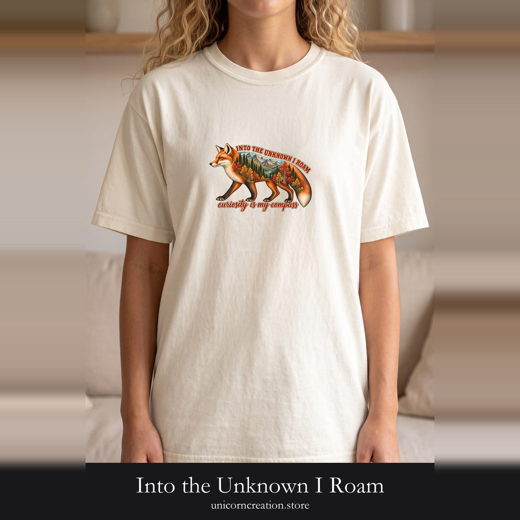 Into the Unknown I Roam Shirt, Fox Double Exposure Tee, Woodland Wanderlust Adventure Gift, Nature Hiking Sweatshirt