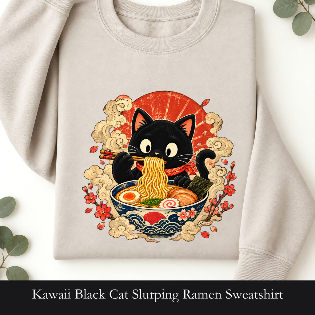 Kawaii Black Cat Slurping Ramen Sweatshirt | Japanese Noodles, Retro Floral