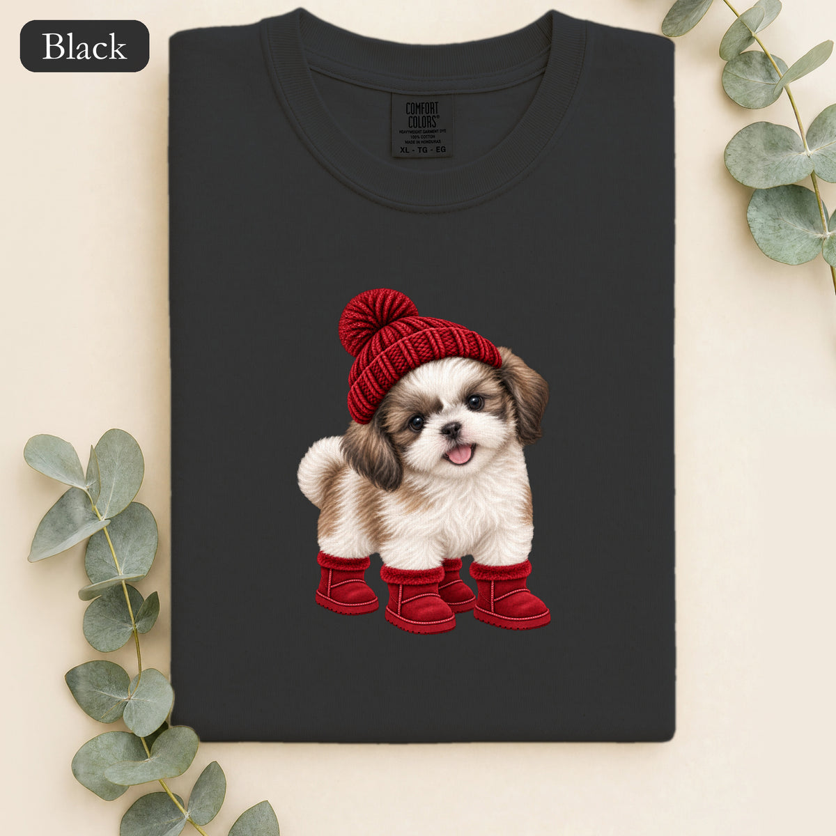Shih Tzu Puppy in Red Beanie & Boots Shirt | Cute Dog Tee