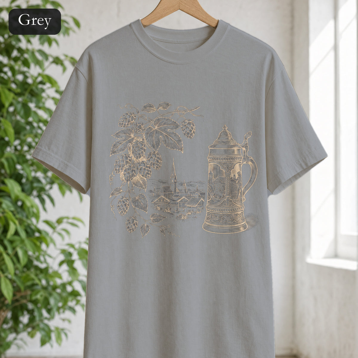 Vintage Beer Stein Illustration Shirt | Hops Vine Scenic Design
