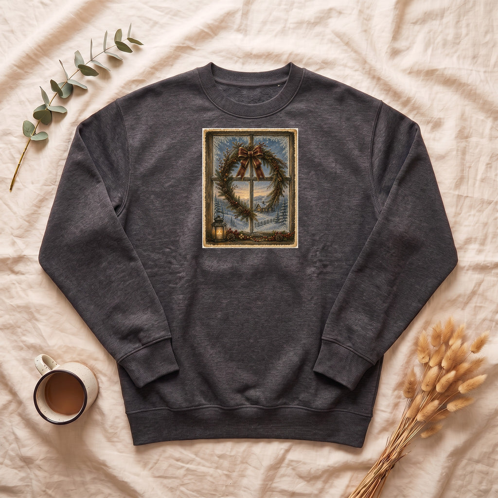 Winter Wreath Window Scene Sweatshirt | Vintage Holiday Postcard