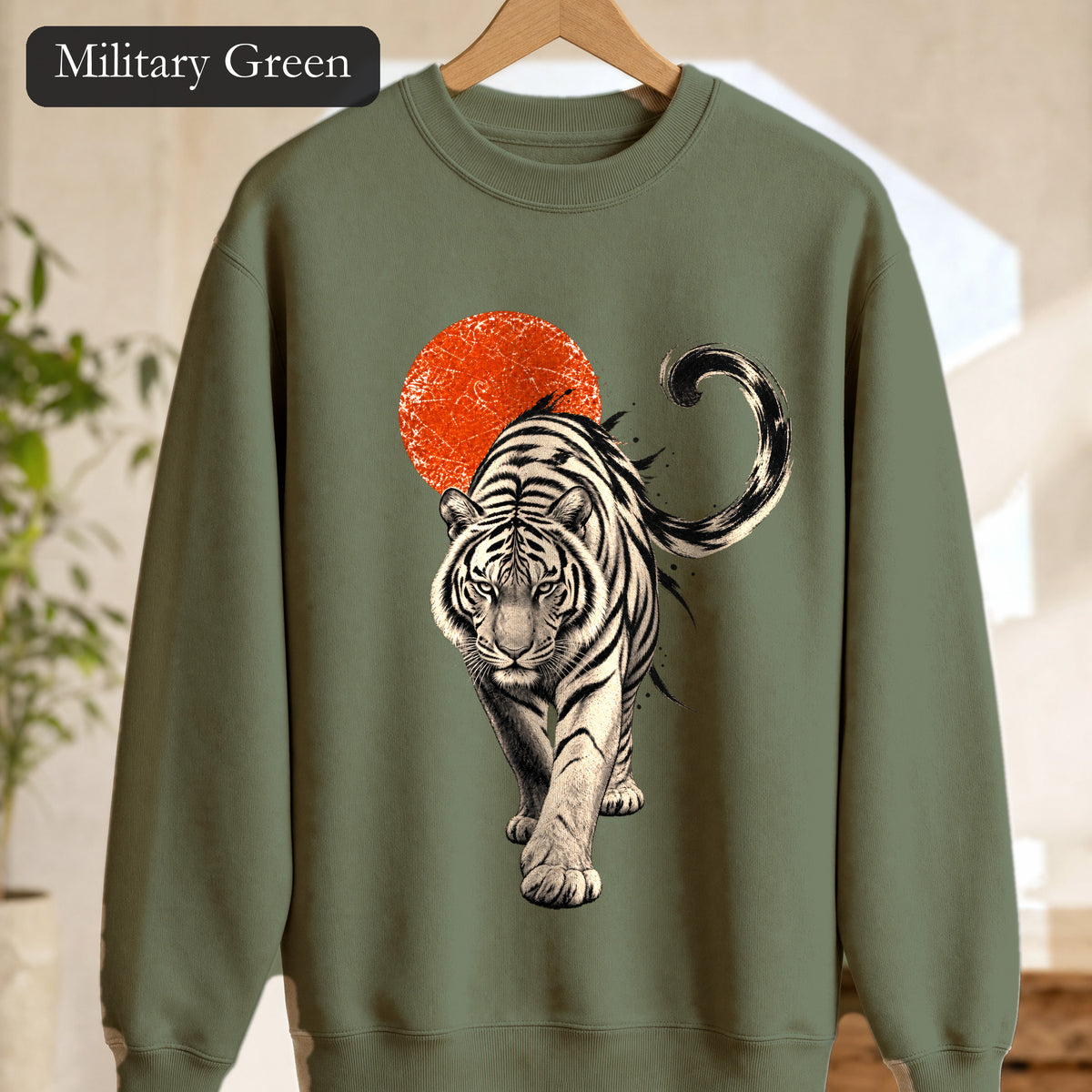 White Tiger with Red Sun Sweatshirt, Japanese Woodblock Tiger Crewneck, Red Sun Graphic Gift, Asian Art Sweatshirt