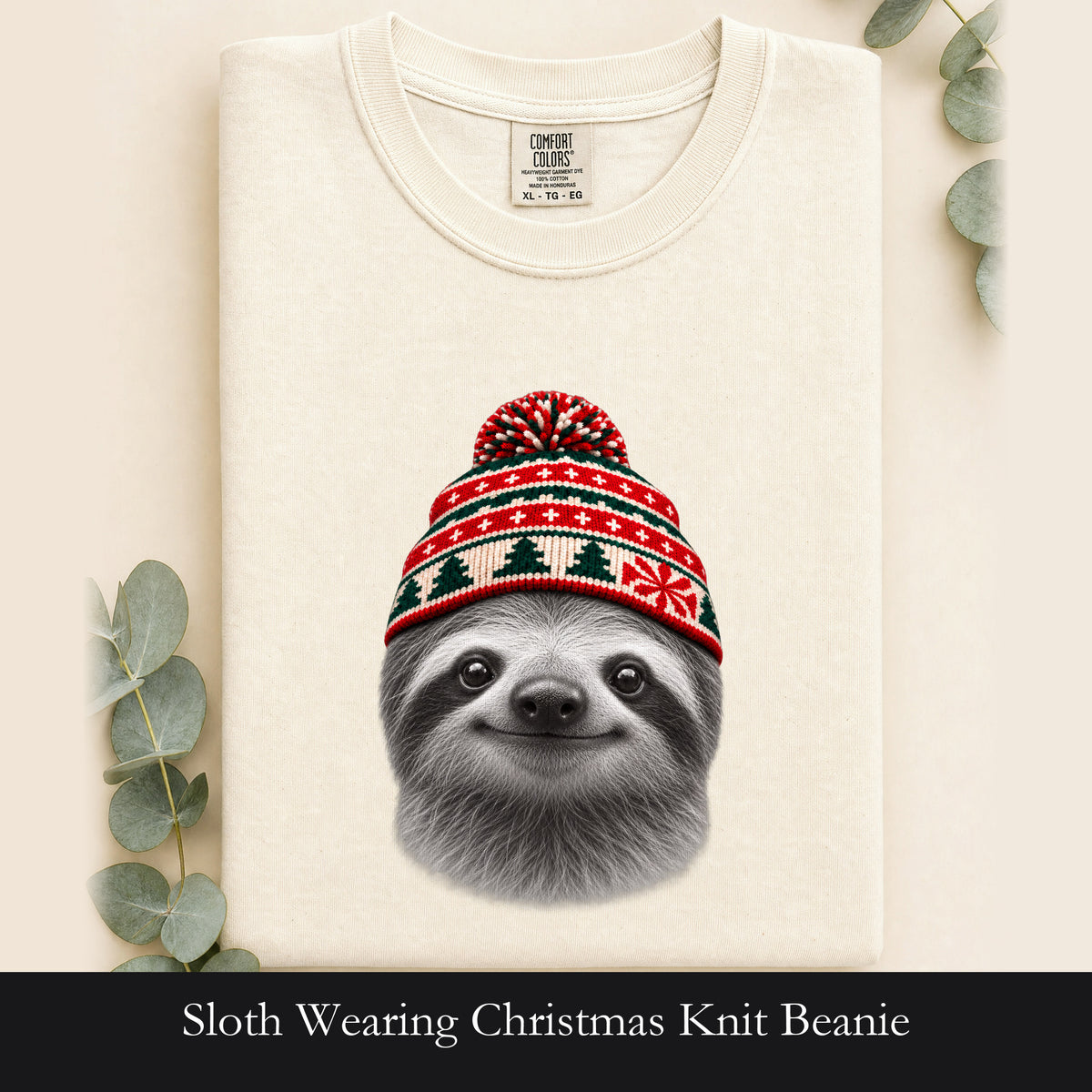 Sloth Wearing Christmas Knit Beanie | Cozy Winter Animal Tee